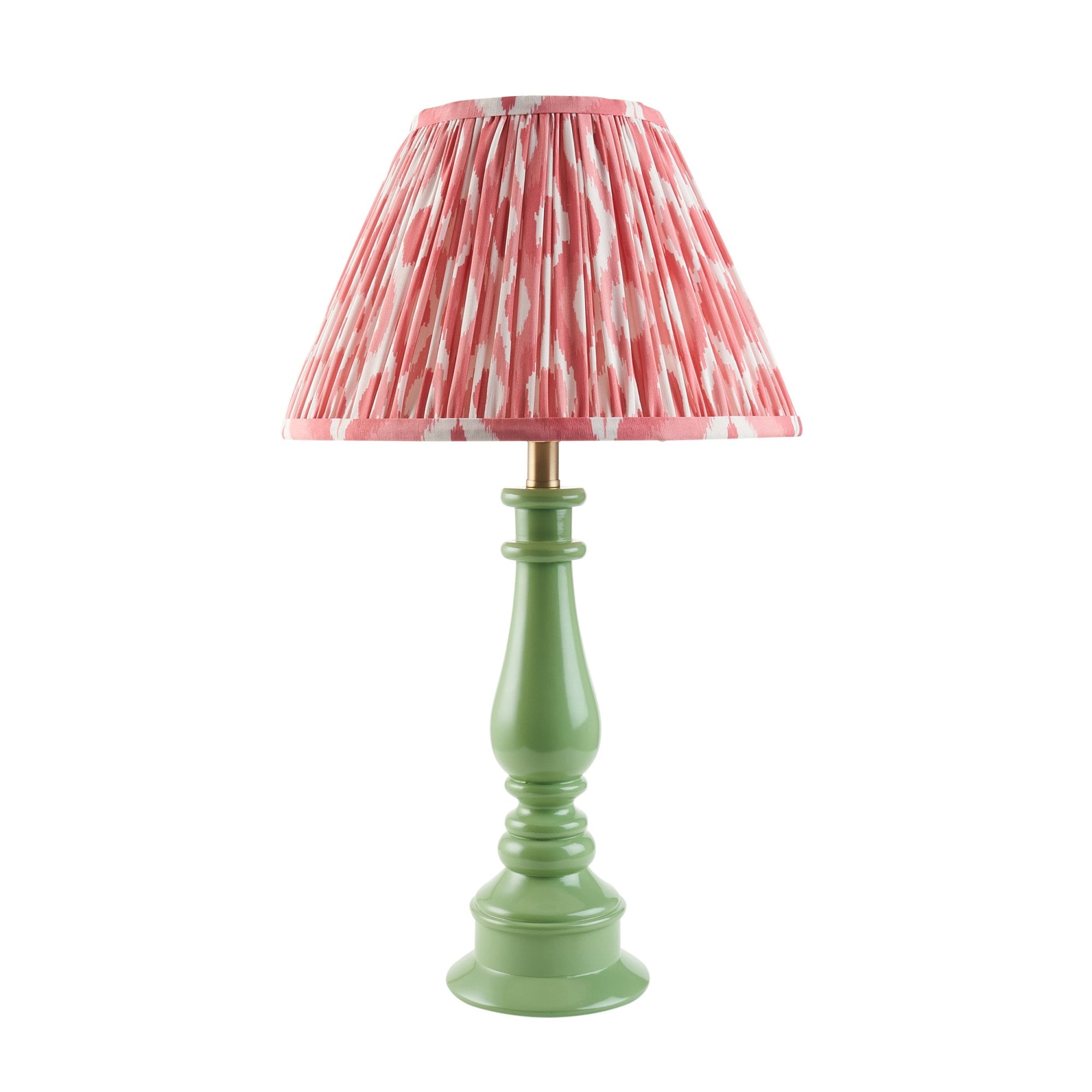 Endon Myrtle Gloss Cotswold Green Table Lamp & Ikat 30cm Coral Pink Shade