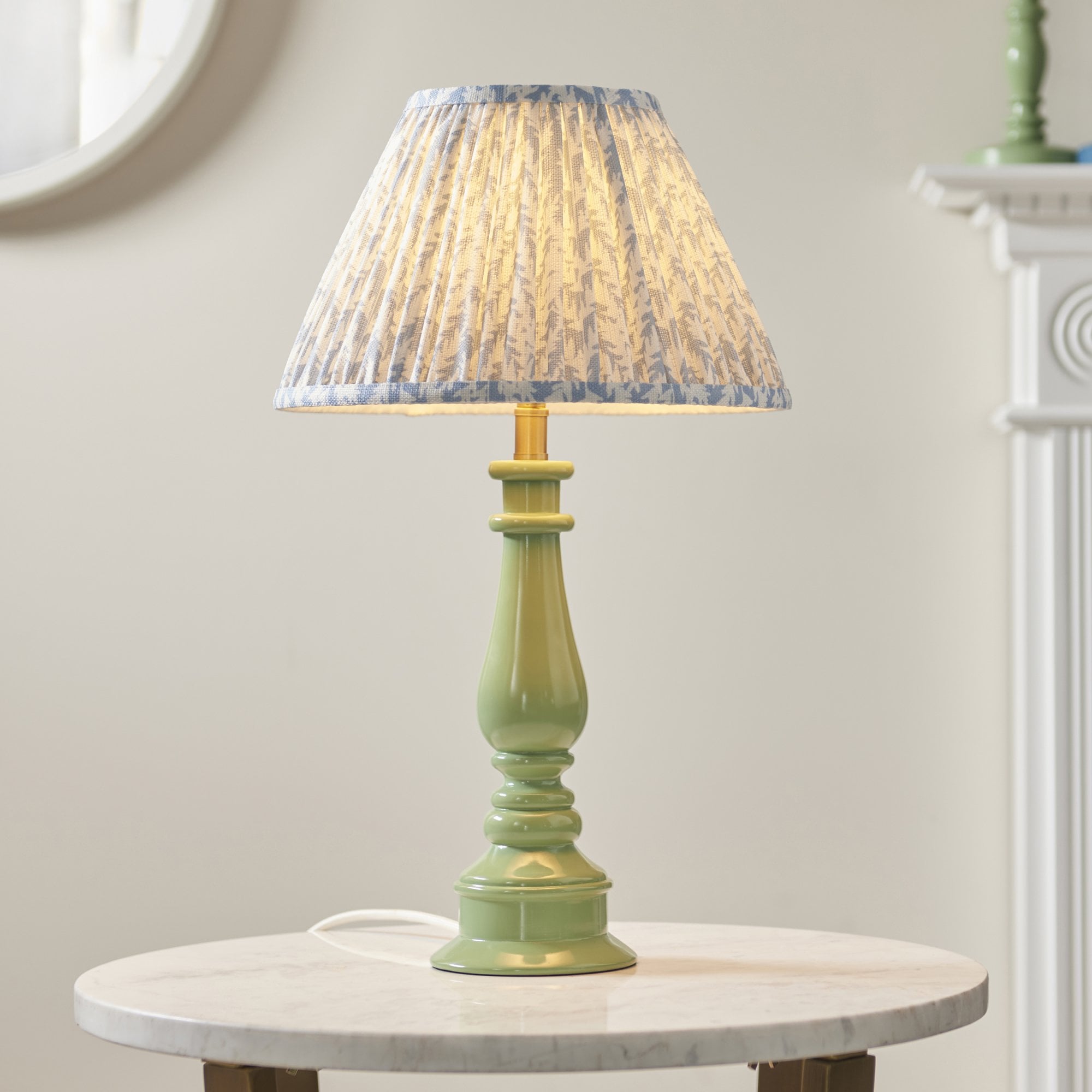 Endon Myrtle Gloss Cotswold Green Table Lamp & Leaf 30cm Shell Bay Blue Shade