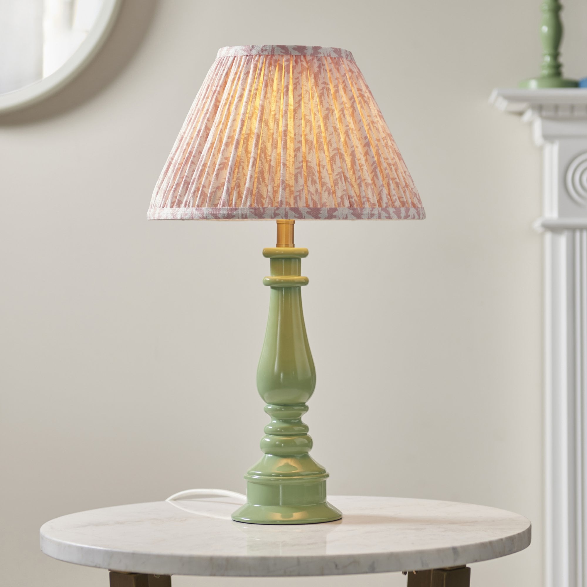 Endon Myrtle Gloss Cotswold Green Table Lamp & Leaf 30cm Peachy Keen Shade
