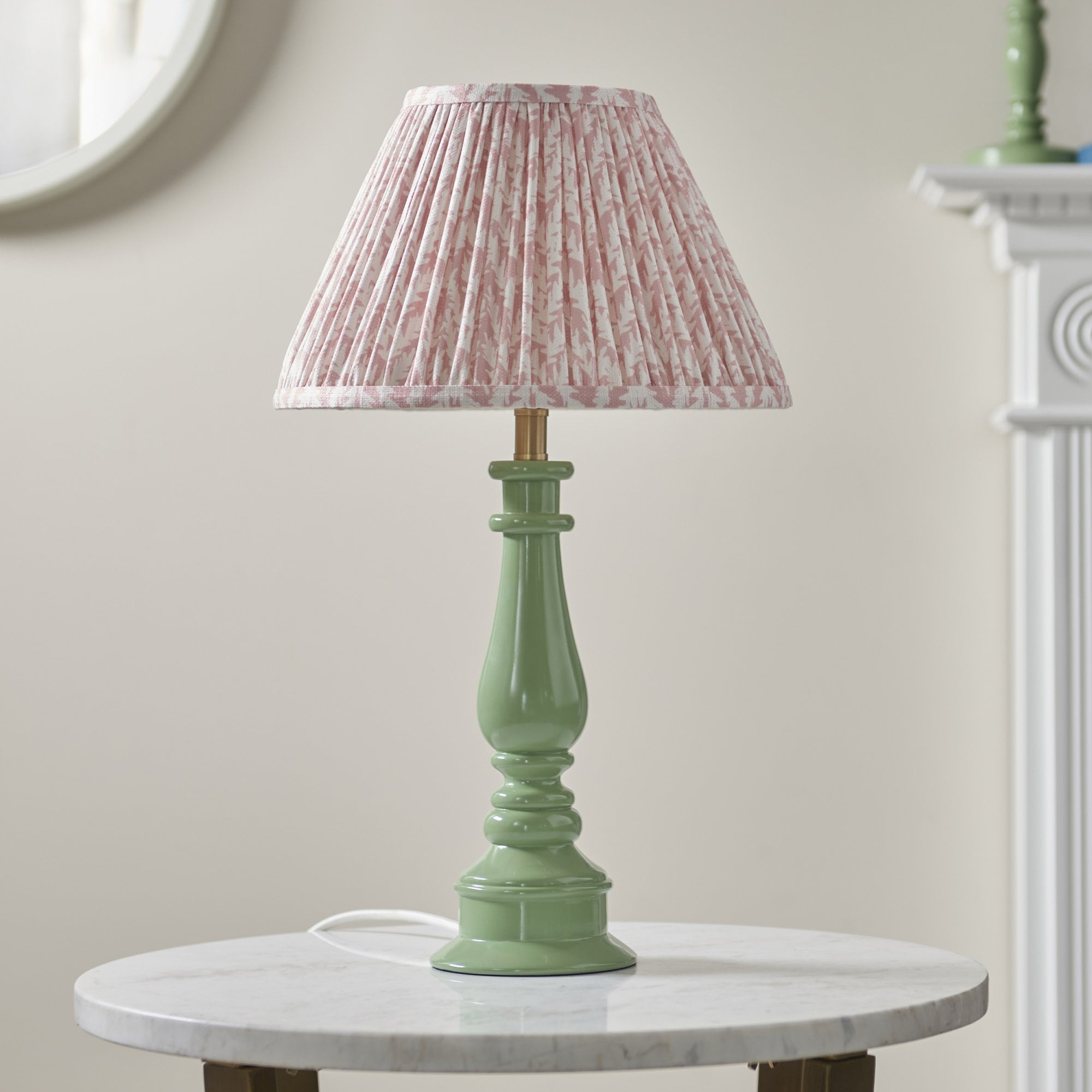 Endon Myrtle Gloss Cotswold Green Table Lamp & Leaf 30cm Peachy Keen Shade