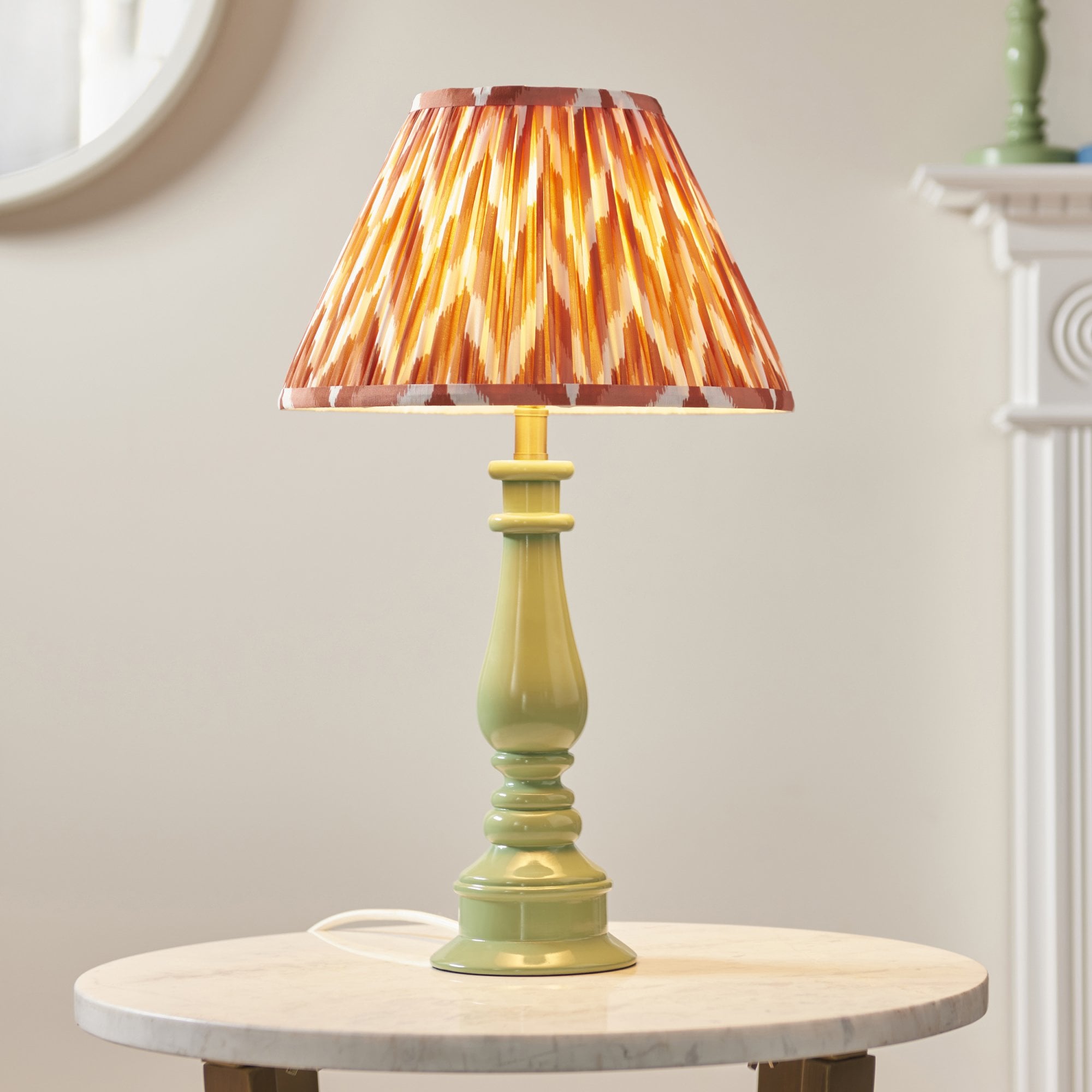Endon Myrtle Gloss Cotswold Green Table Lamp & Zigzag 30cm Apricot Orange Shade