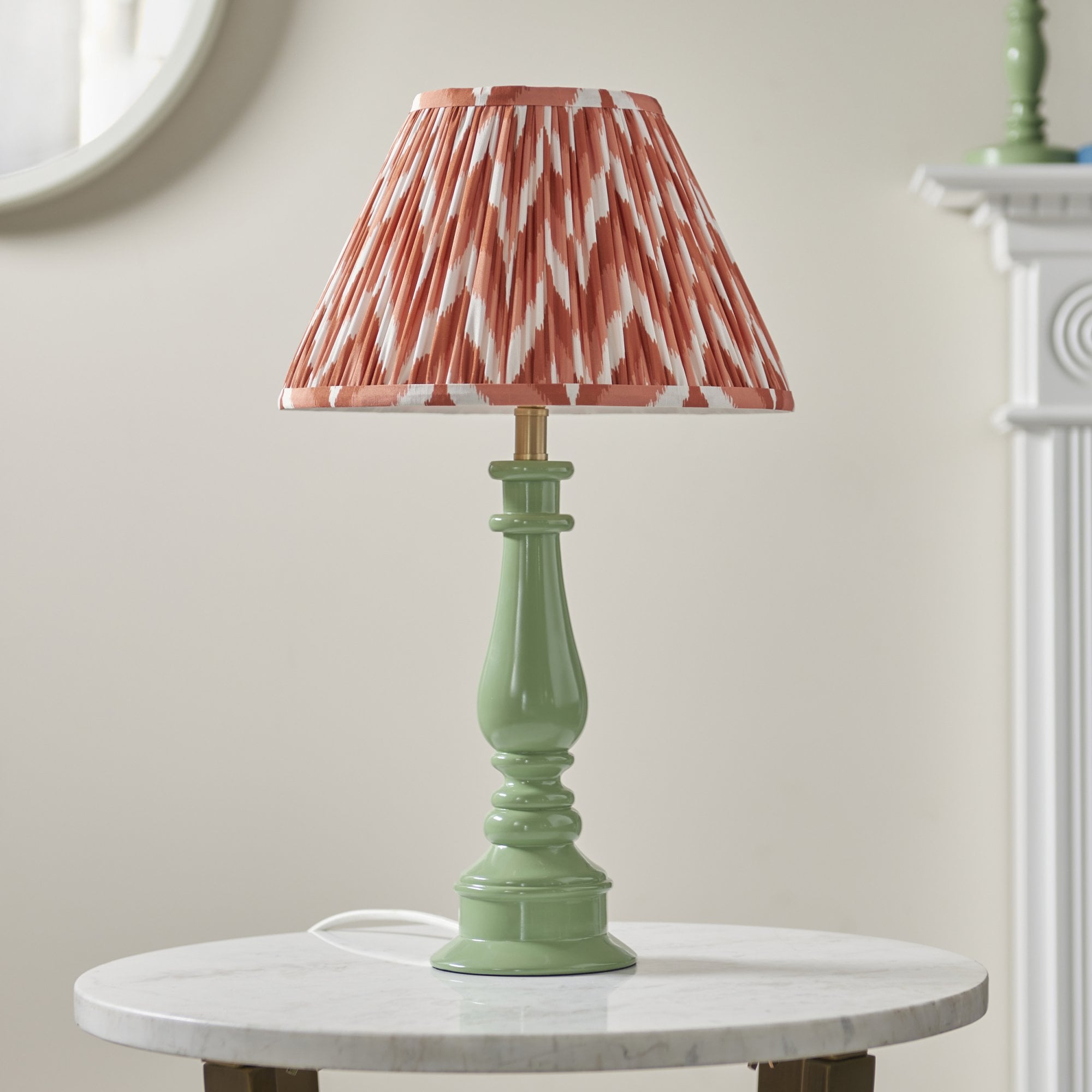 Endon Myrtle Gloss Cotswold Green Table Lamp & Zigzag 30cm Apricot Orange Shade