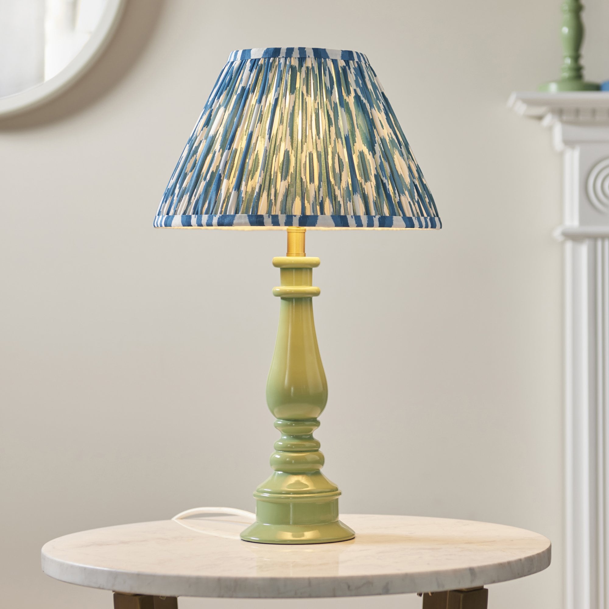 Endon Myrtle Gloss Cotswold Green Table Lamp & Ikat 30cm Marlin Blue Shade
