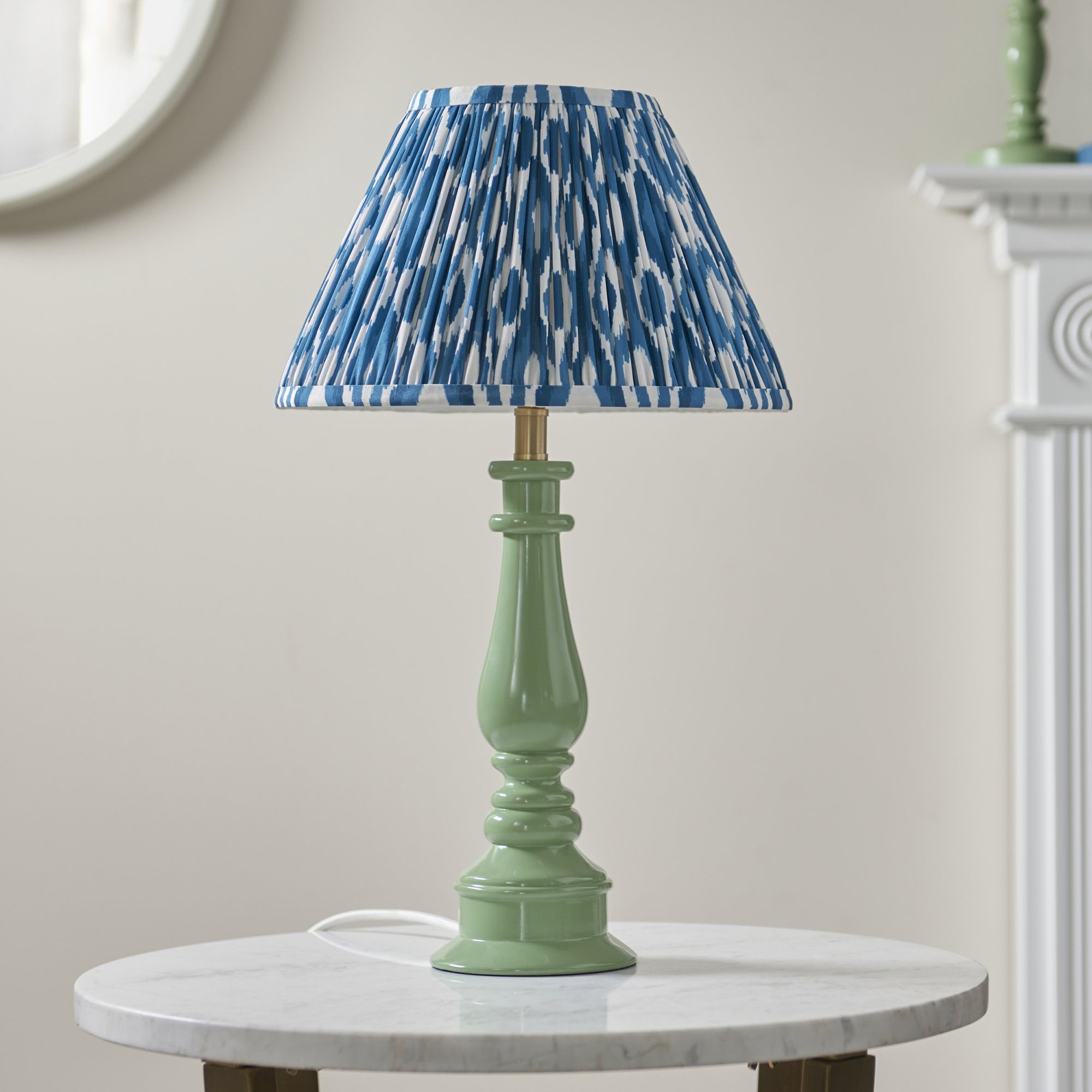 Endon Myrtle Gloss Cotswold Green Table Lamp & Ikat 30cm Marlin Blue Shade