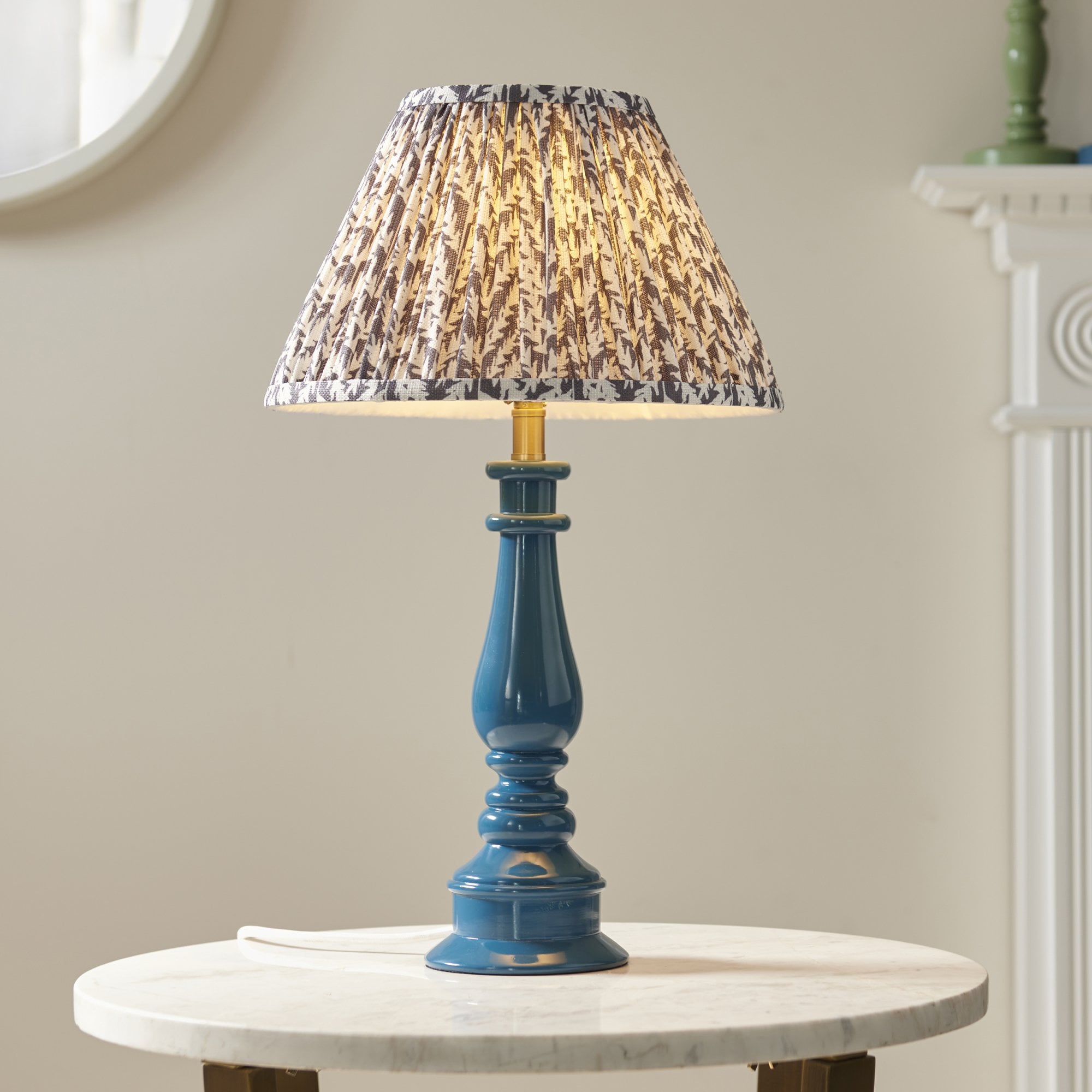 Endon Myrtle Gloss Marlin Blue Table Lamp & Leaf 30cm Pearl Grey Shade