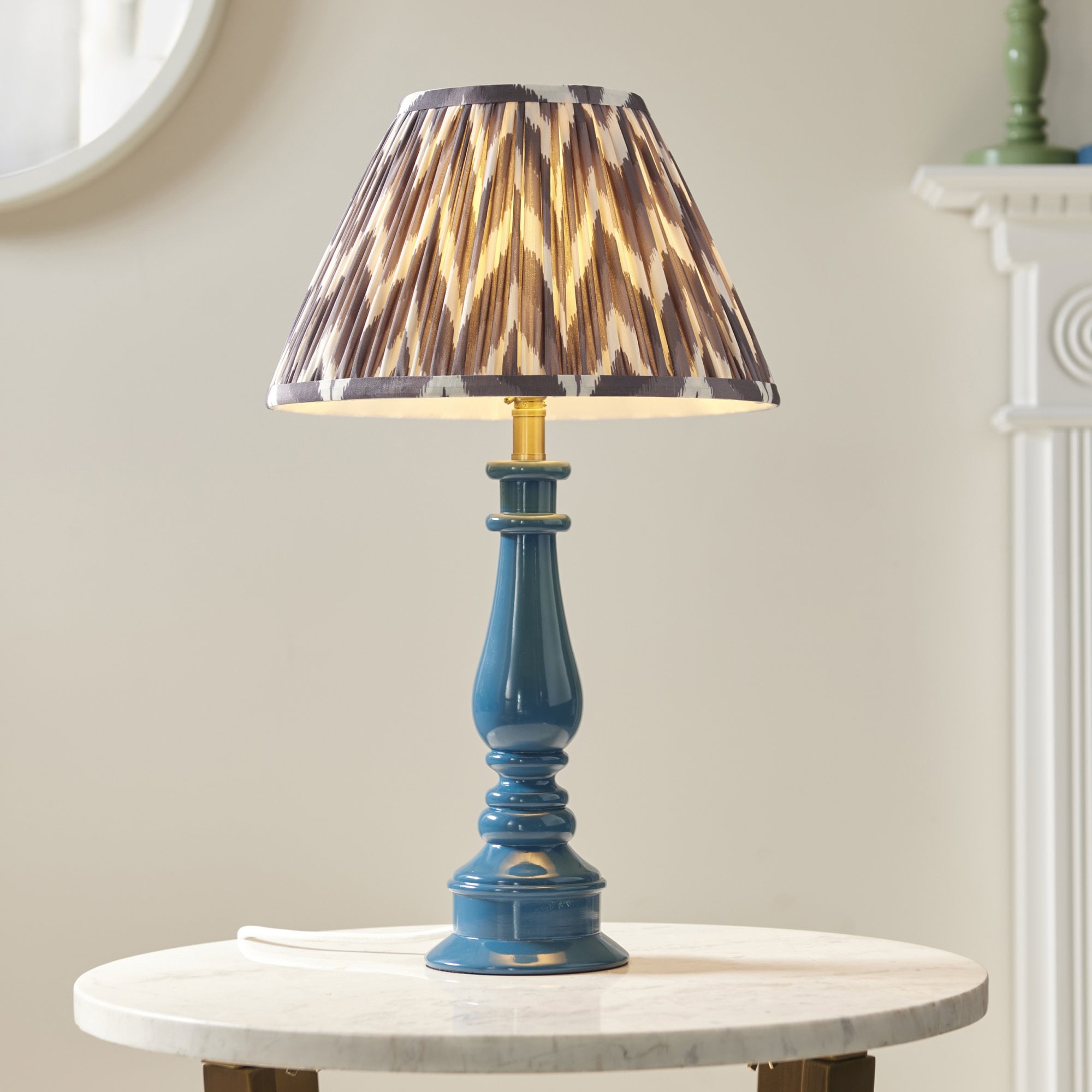 Endon Myrtle Gloss Marlin Blue Table Lamp & Zigzag 30cm Pearl Grey Shade