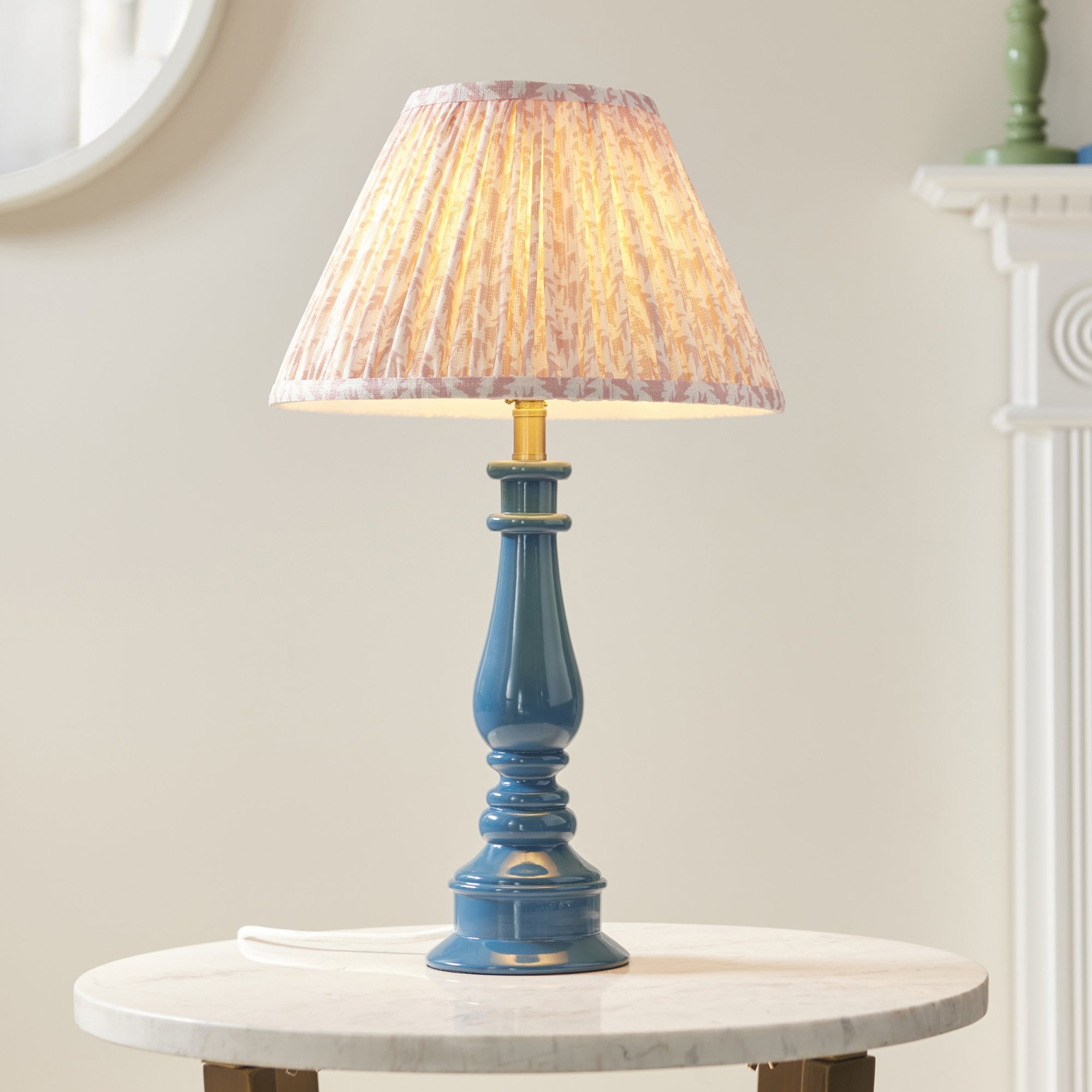 Endon Myrtle Gloss Marlin Blue Table Lamp & Leaf 30cm Peachy Keen Shade