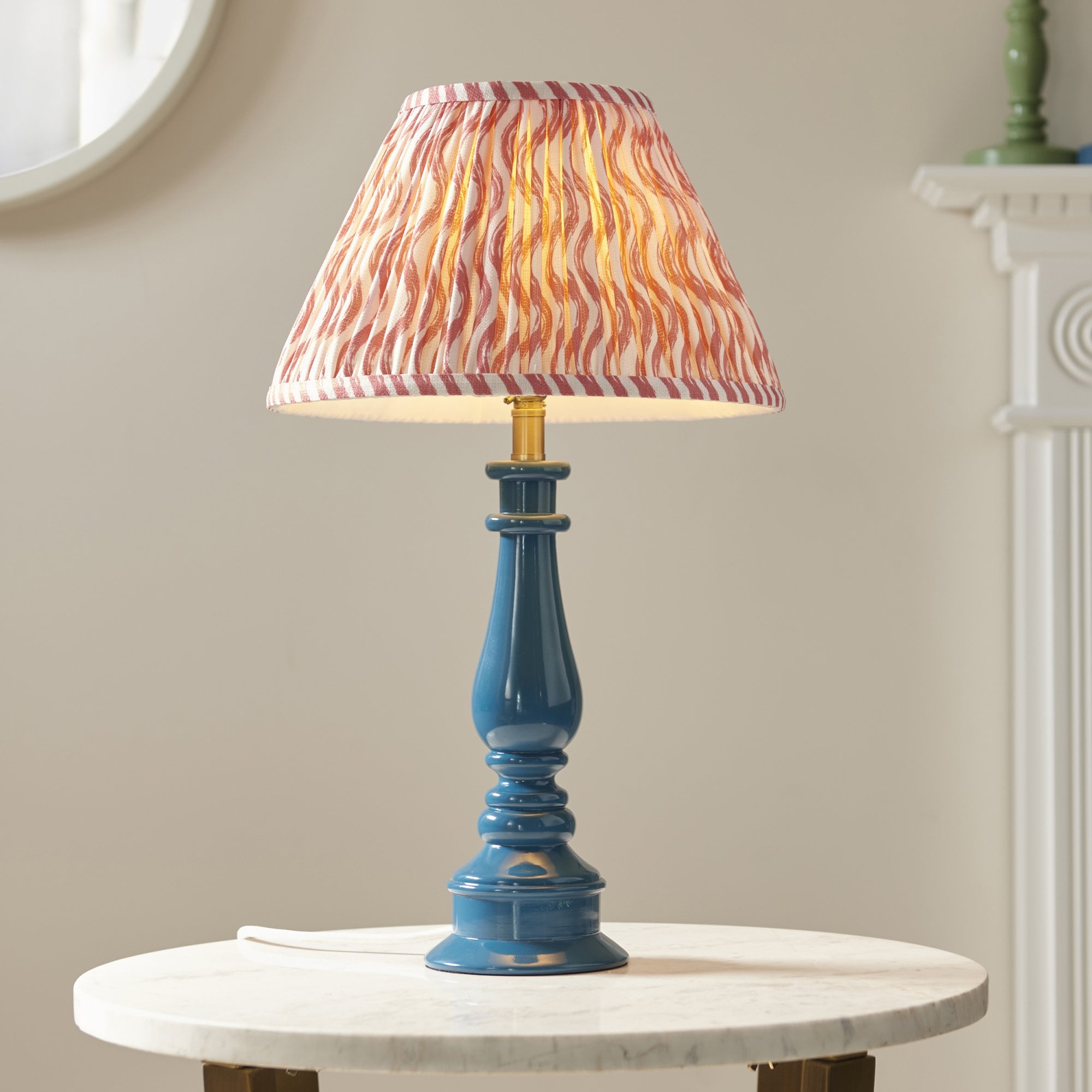 Endon Myrtle Gloss Marlin Blue Table Lamp & Ripple 30cm Coral Pink Shade