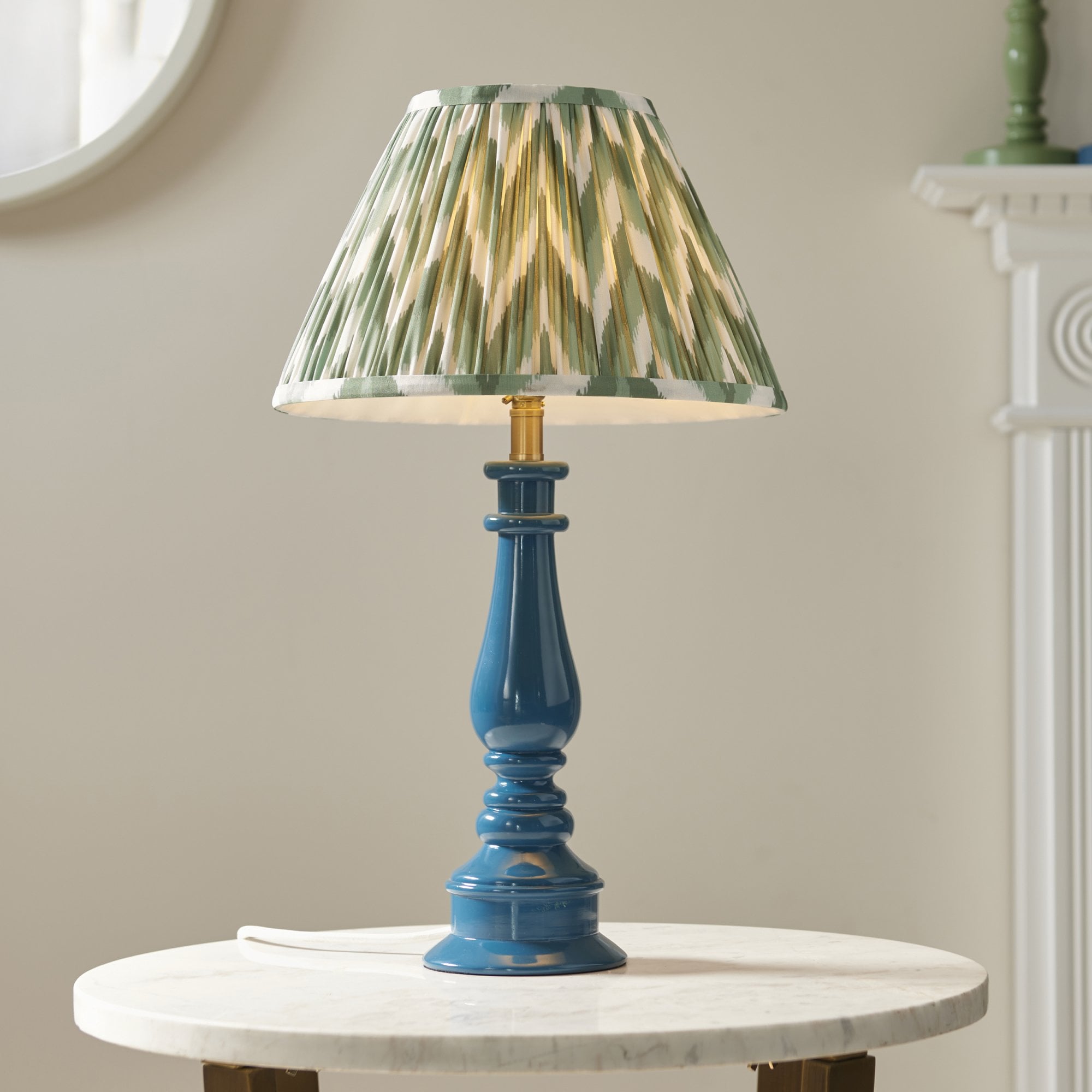 Endon Myrtle Gloss Marlin Blue Table Lamp & Zigzag 30cm Cotswold Green Shade