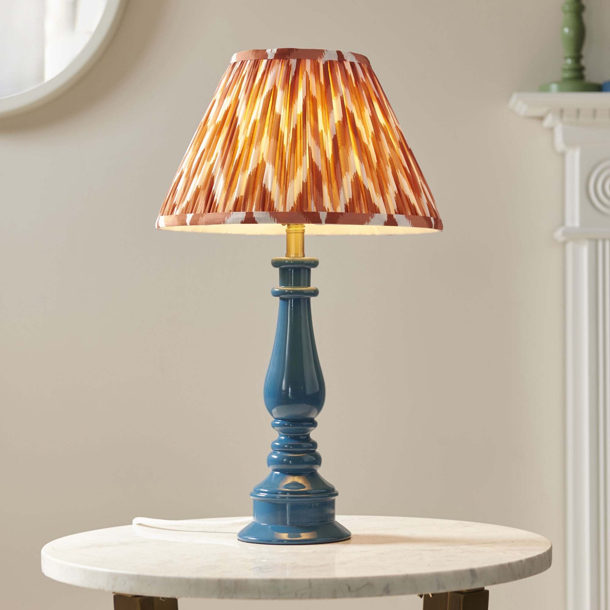 Endon Myrtle Gloss Marlin Blue Table Lamp & Zigzag 30cm Apricot Orange Shade