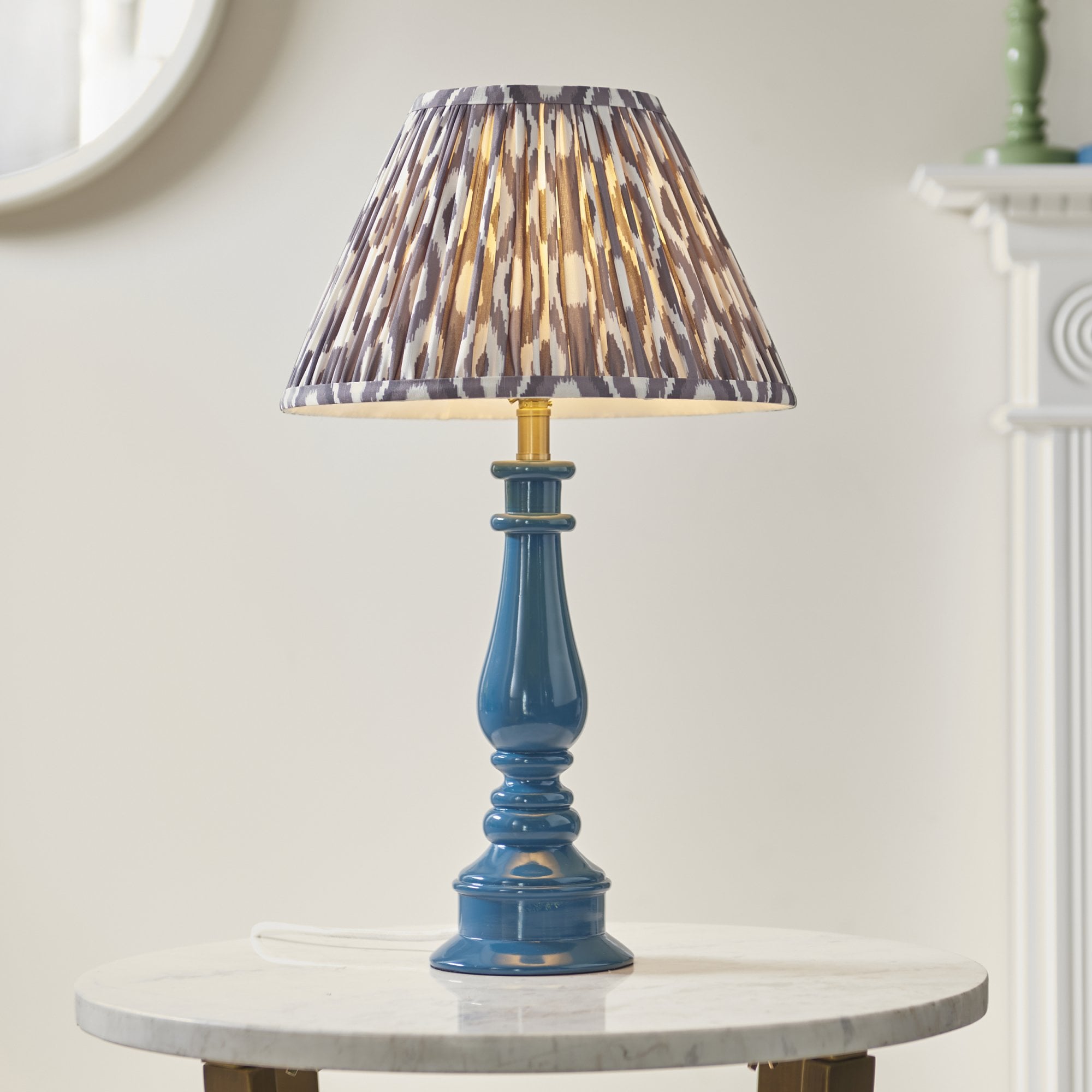 Endon Myrtle Gloss Marlin Blue Table Lamp & Ikat 30cm Pearl Grey Shade