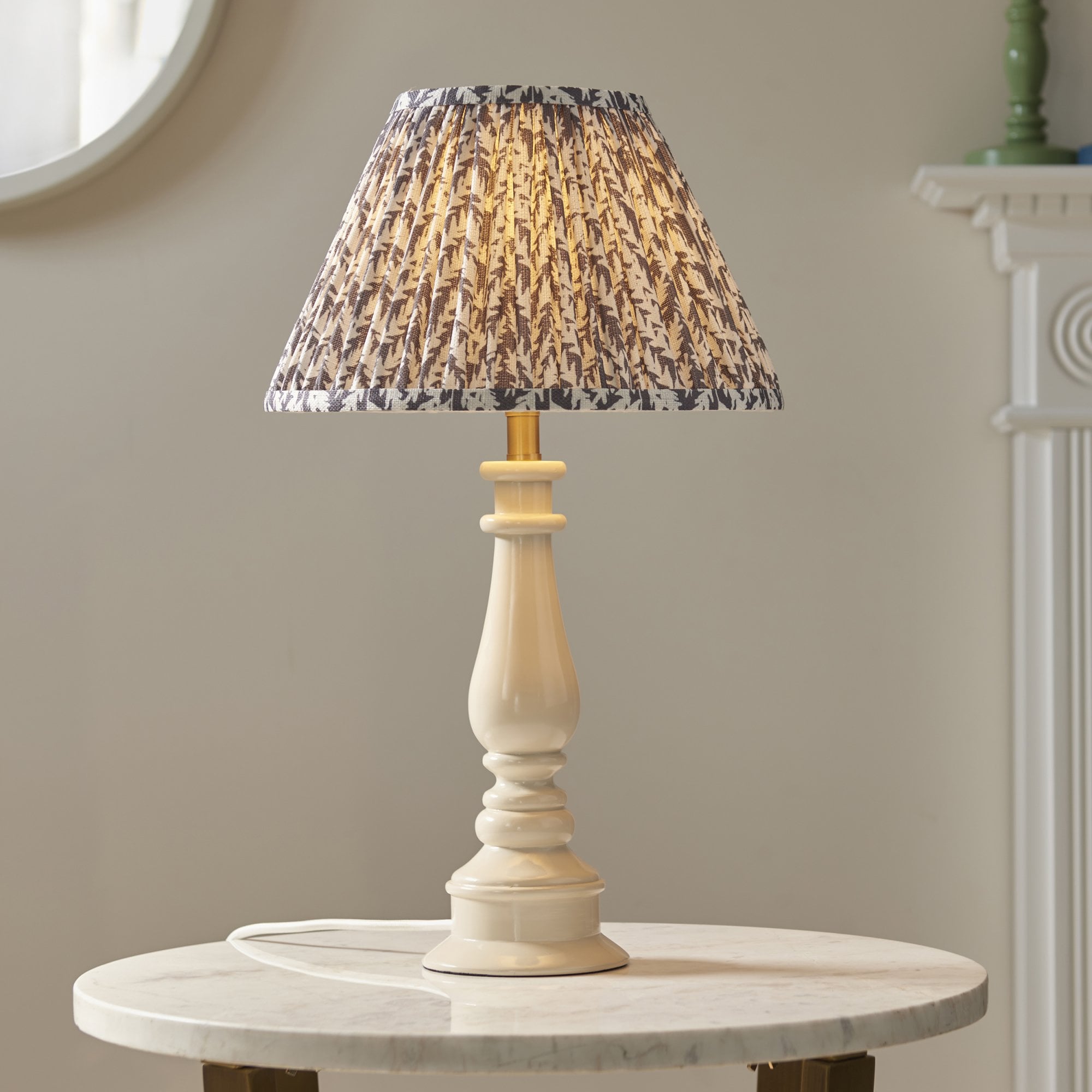 Endon Myrtle Gloss Almond White Table Lamp & Leaf 30cm Pearl Grey Shade