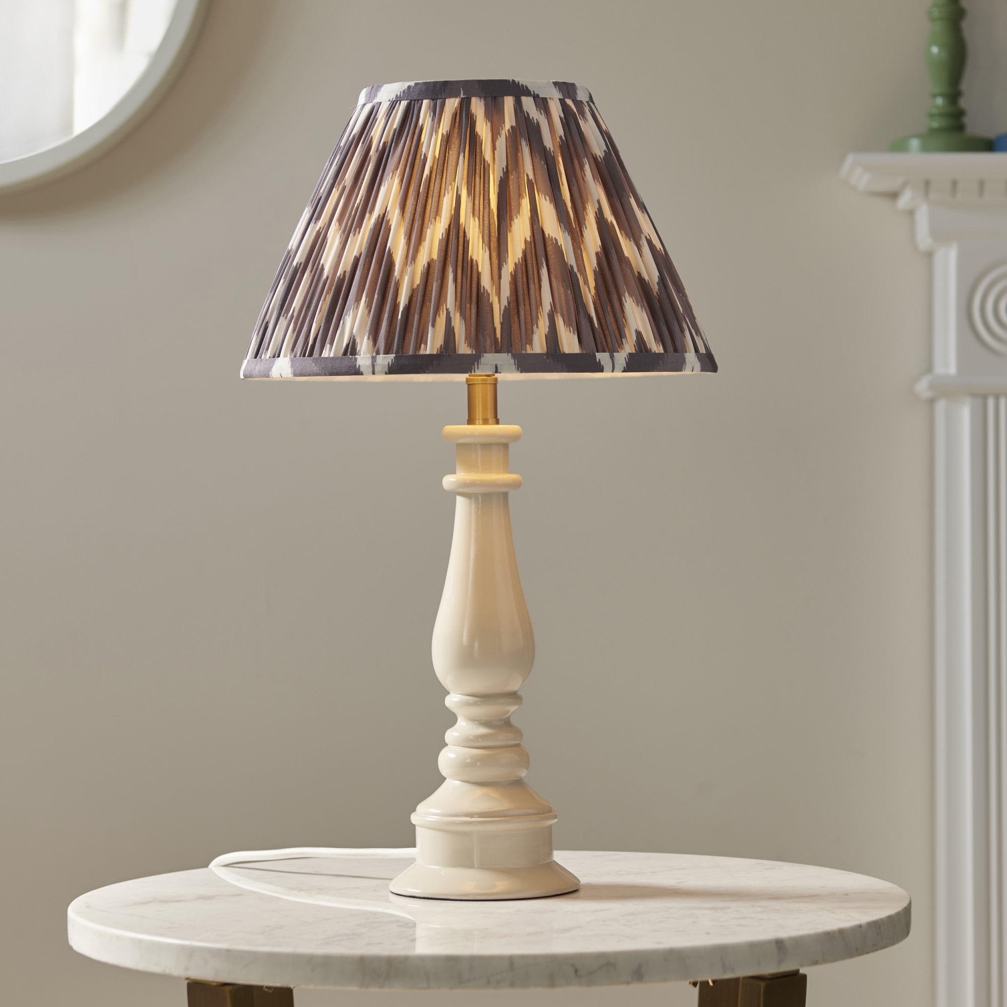 Endon Myrtle Gloss Almond White Table Lamp & Zigzag 30cm Pearl Grey Shade