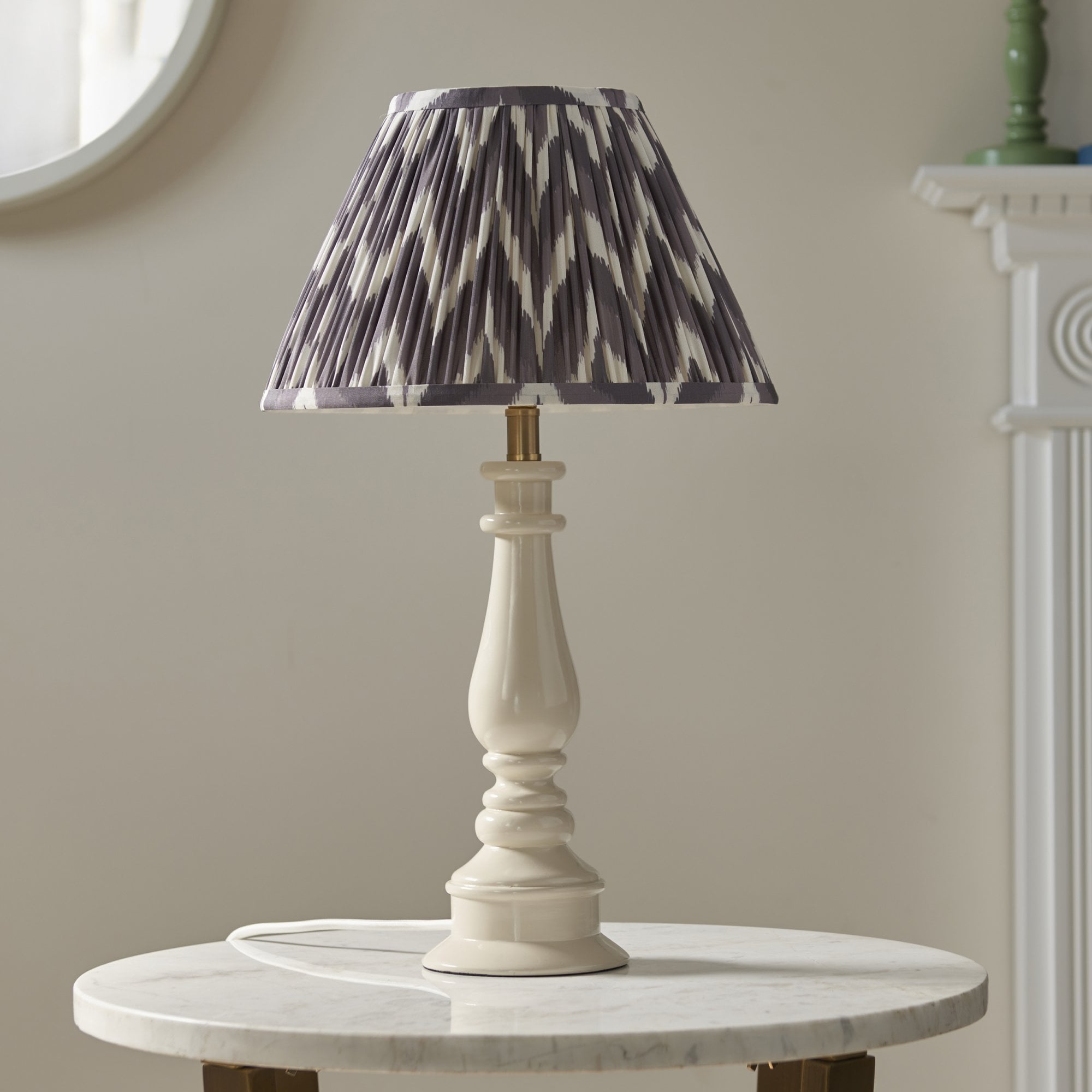 Endon Myrtle Gloss Almond White Table Lamp & Zigzag 30cm Pearl Grey Shade