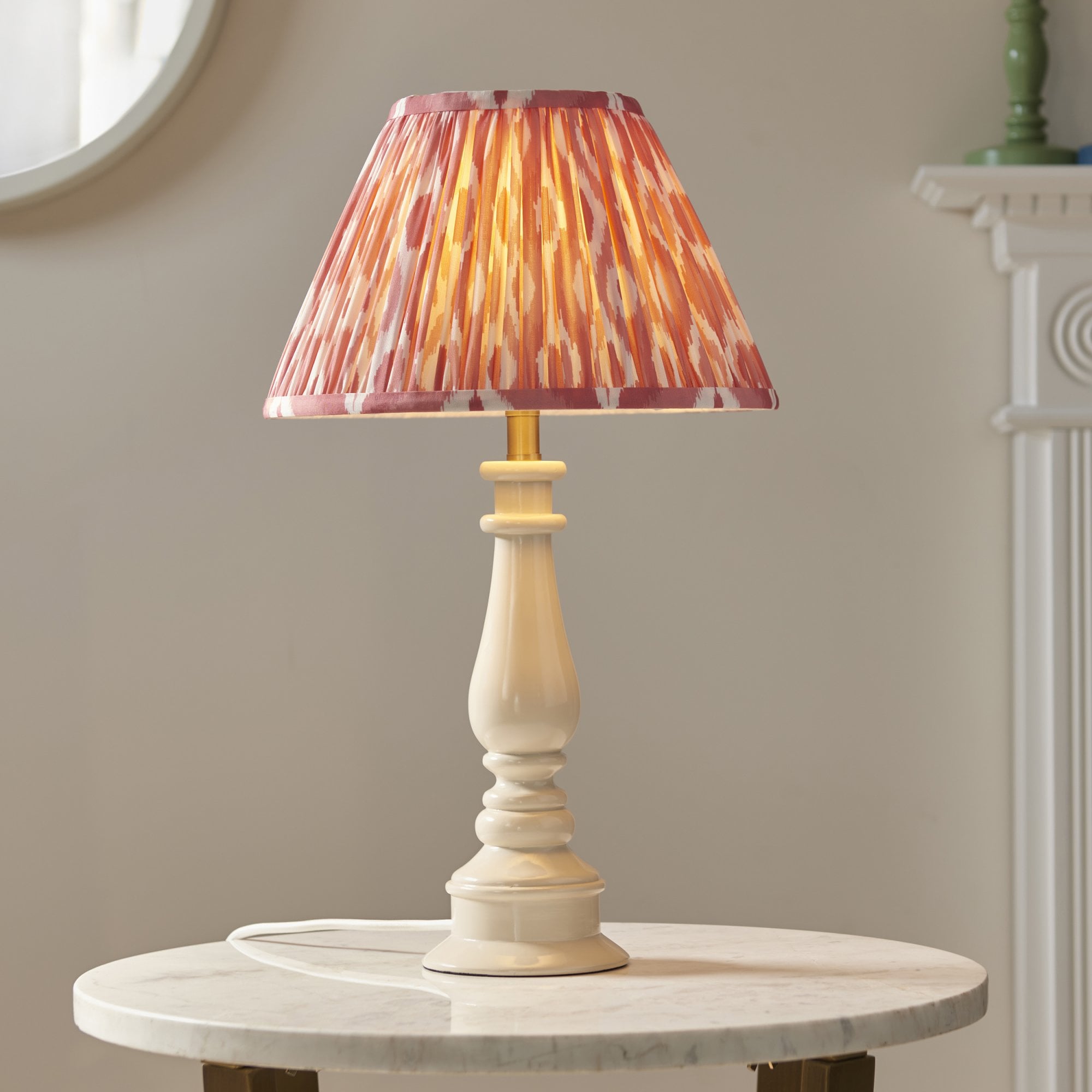 Endon Myrtle Gloss Almond White Table Lamp & Ikat 30cm Coral Pink Shade