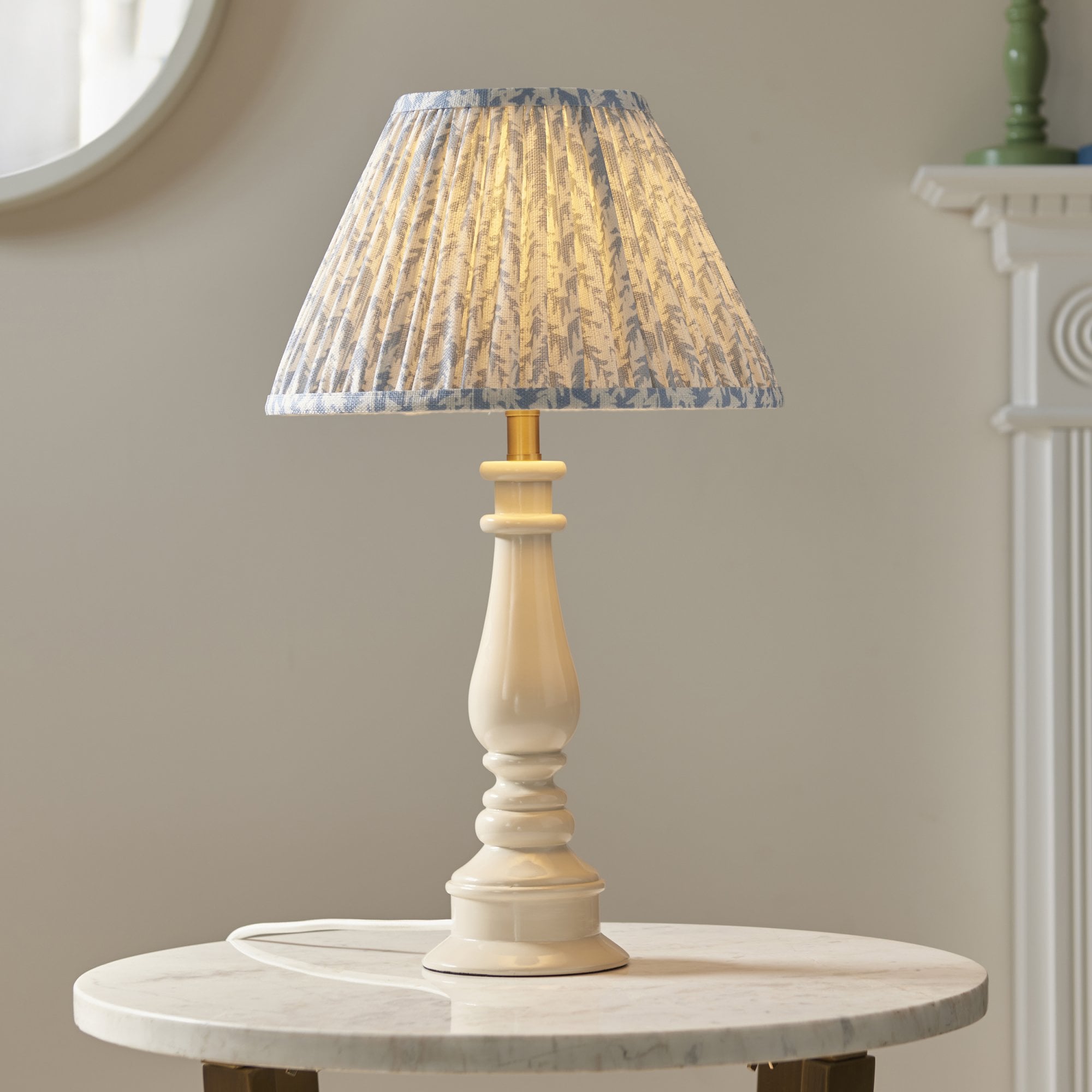Endon Myrtle Table Gloss Almond White Lamp & Leaf 30cm Shell Bay Blue Shade