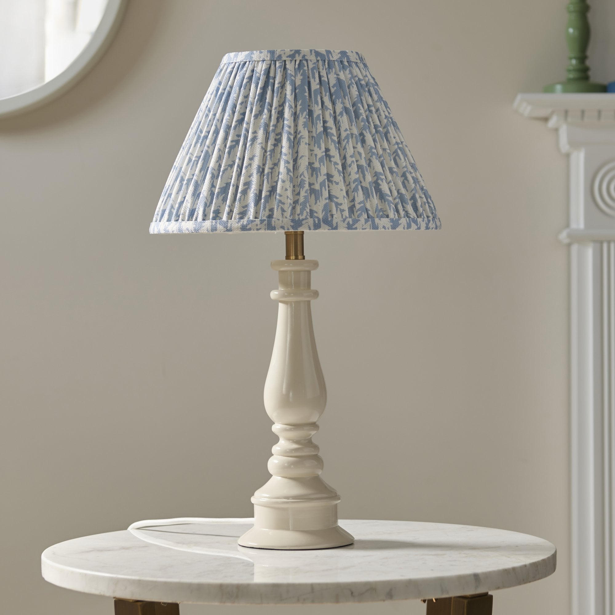 Endon Myrtle Table Gloss Almond White Lamp & Leaf 30cm Shell Bay Blue Shade