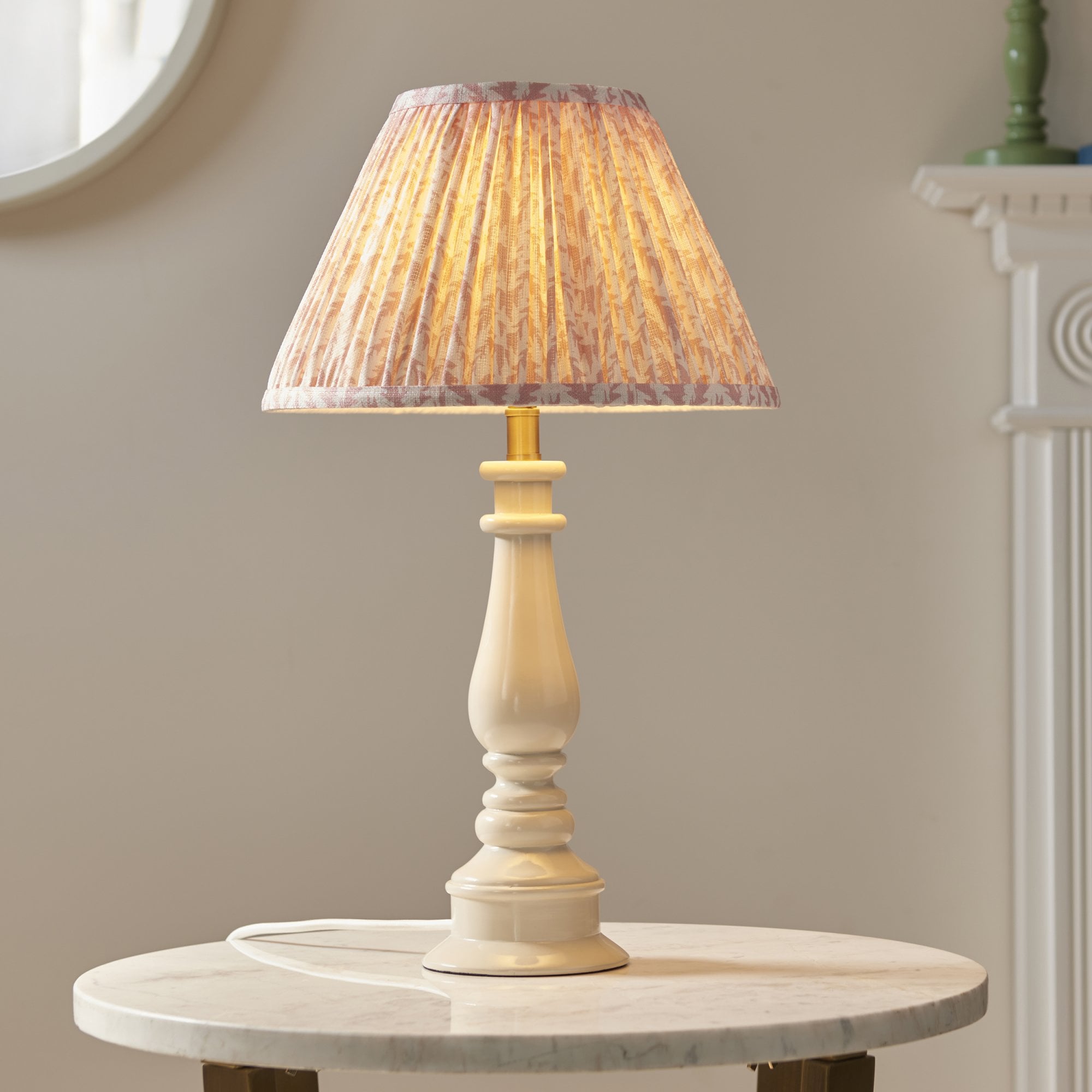 Endon Myrtle Gloss Almond White Table Lamp & Leaf 30cm Peachy Keen Shade