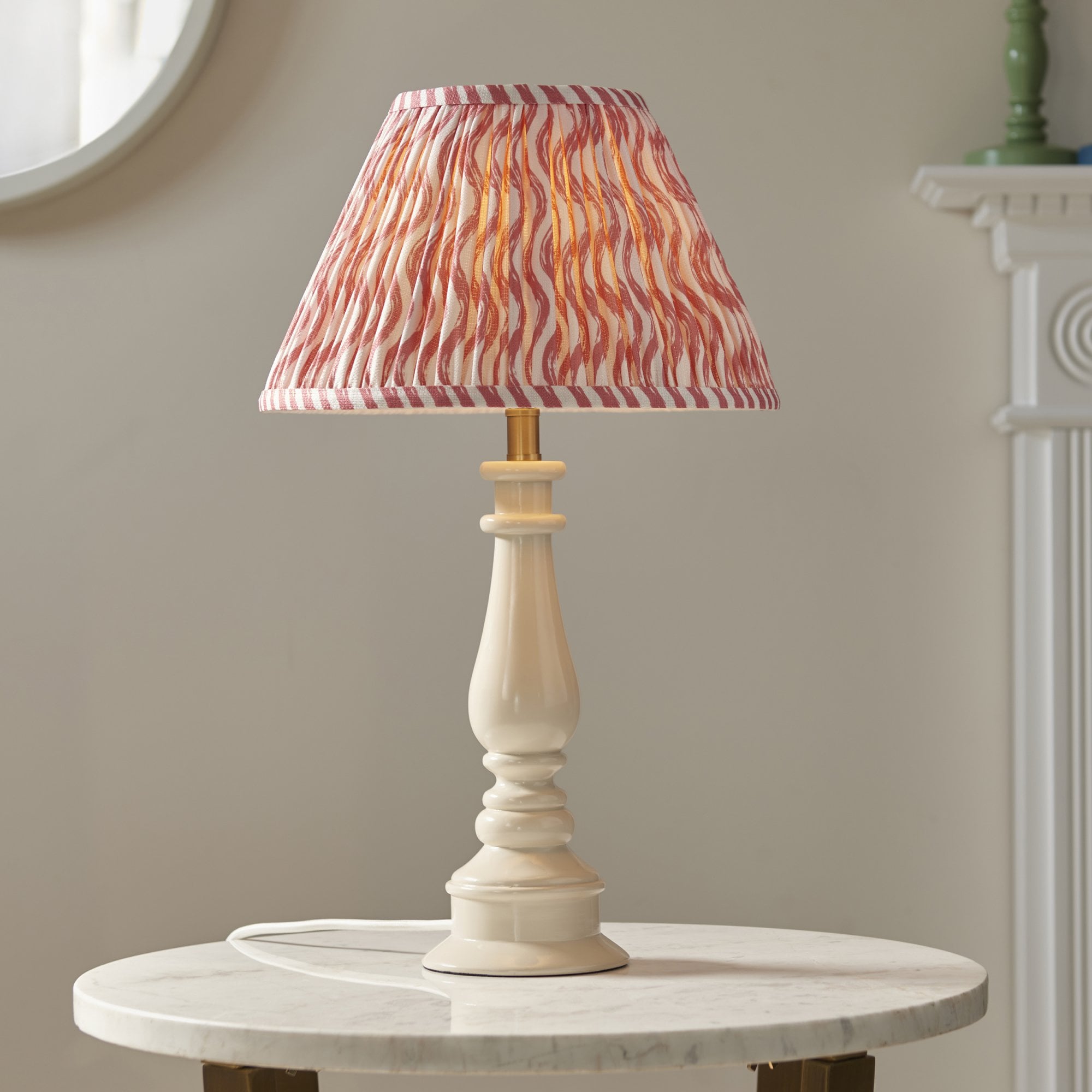 Endon Myrtle Gloss Almond White Table Lamp & Ripple 30cm Coral Pink Shade