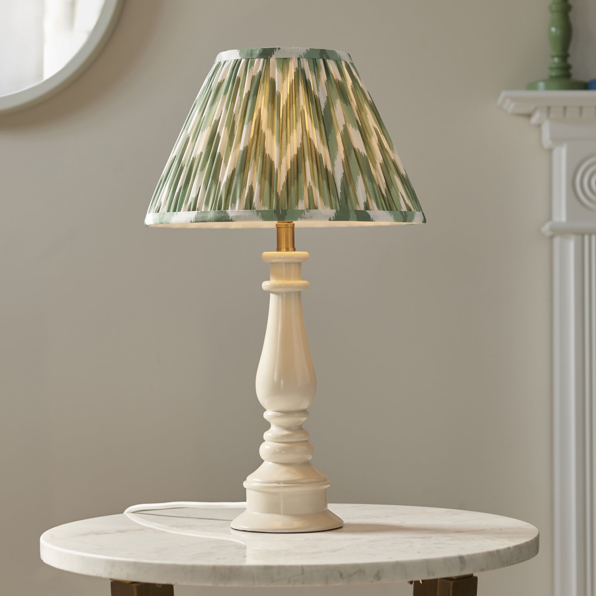 Endon Myrtle Gloss Almond White Table Lamp & Zigzag 30cm Cotswold Green Shade