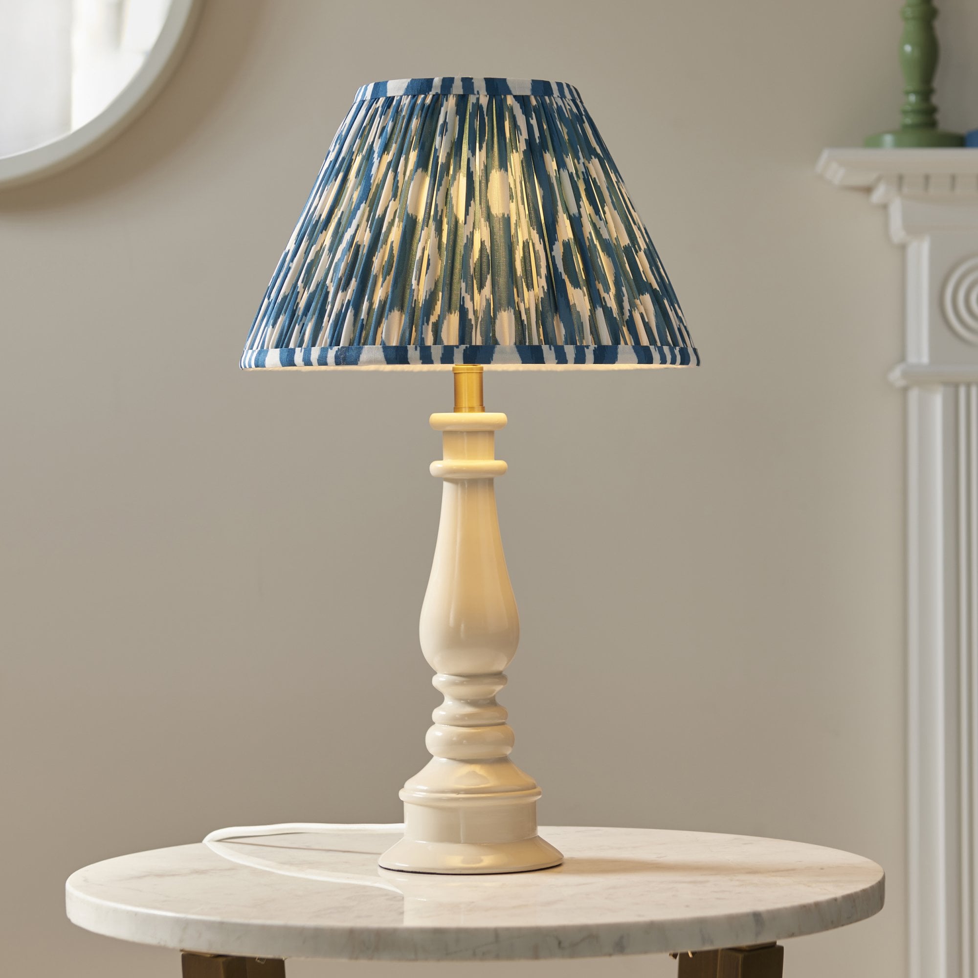 Endon Myrtle Gloss Almond White Table Lamp & Ikat 30cm Marlin Blue Shade