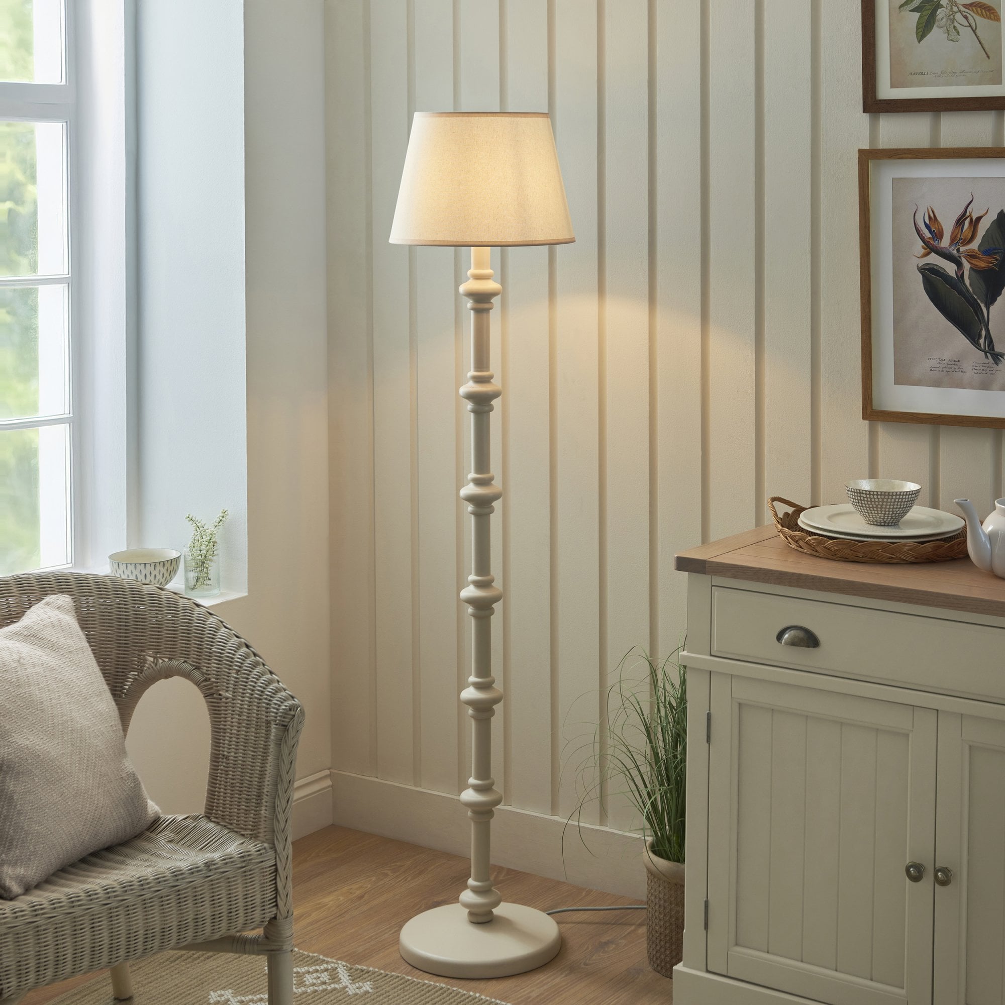 Endon Carnaby Satin Almond White Floor Lamp & Ivy 35cm Vintage White Shade