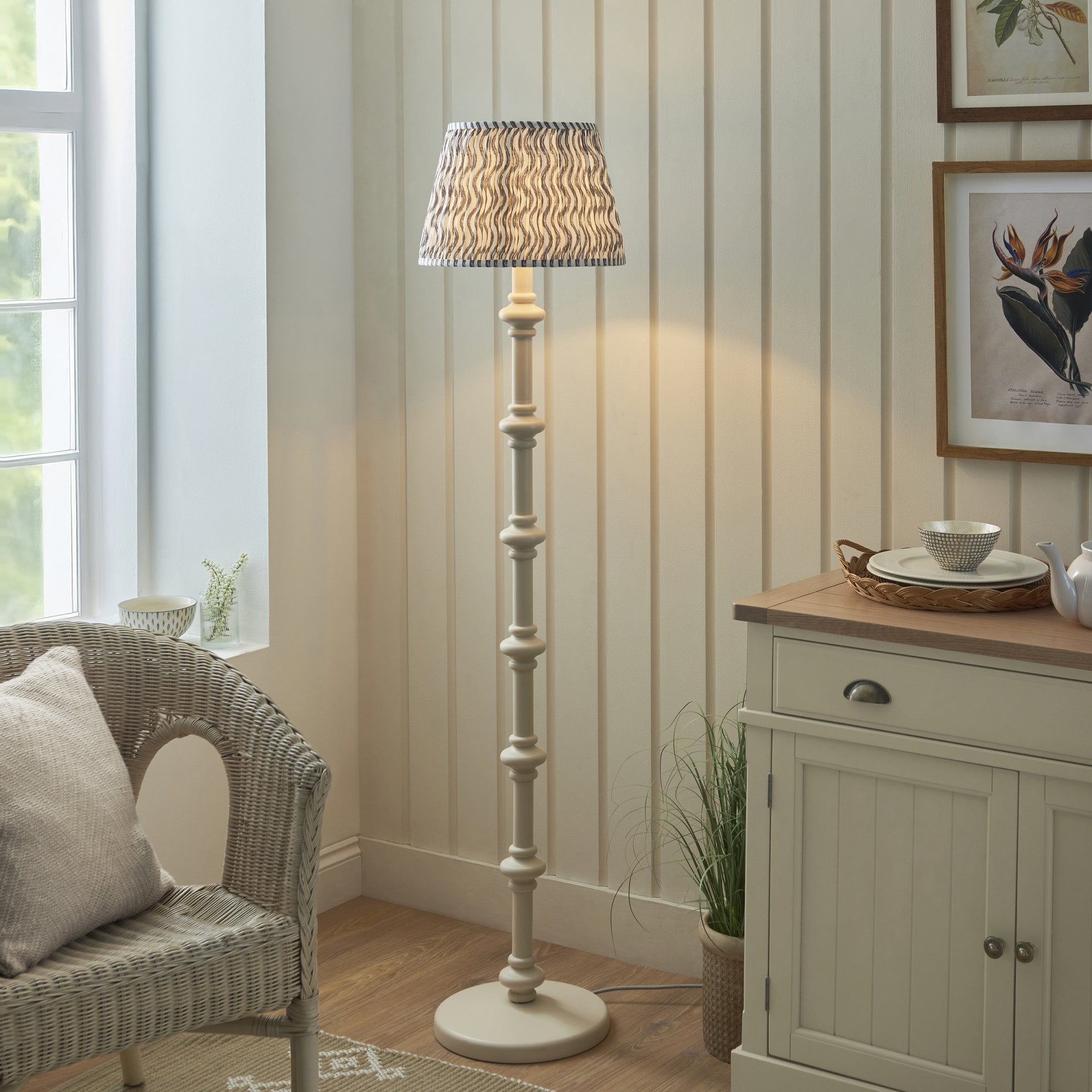 Endon Carnaby Satin Almond White Floor Lamp & Ripple 35cm Pearl Grey Shade