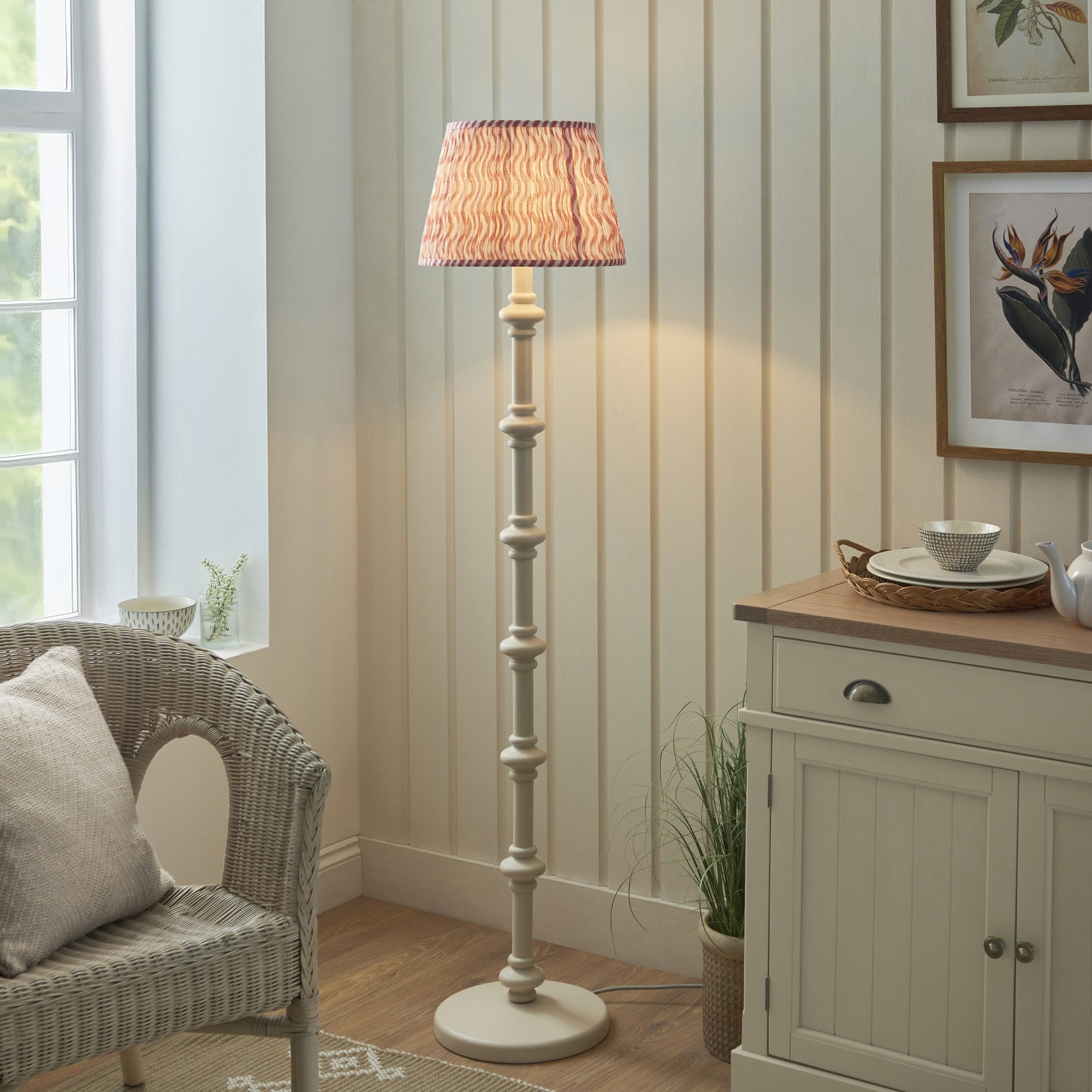 Endon Carnaby Satin Almond White Floor Lamp & Ripple 35cm Coral Pink Shade