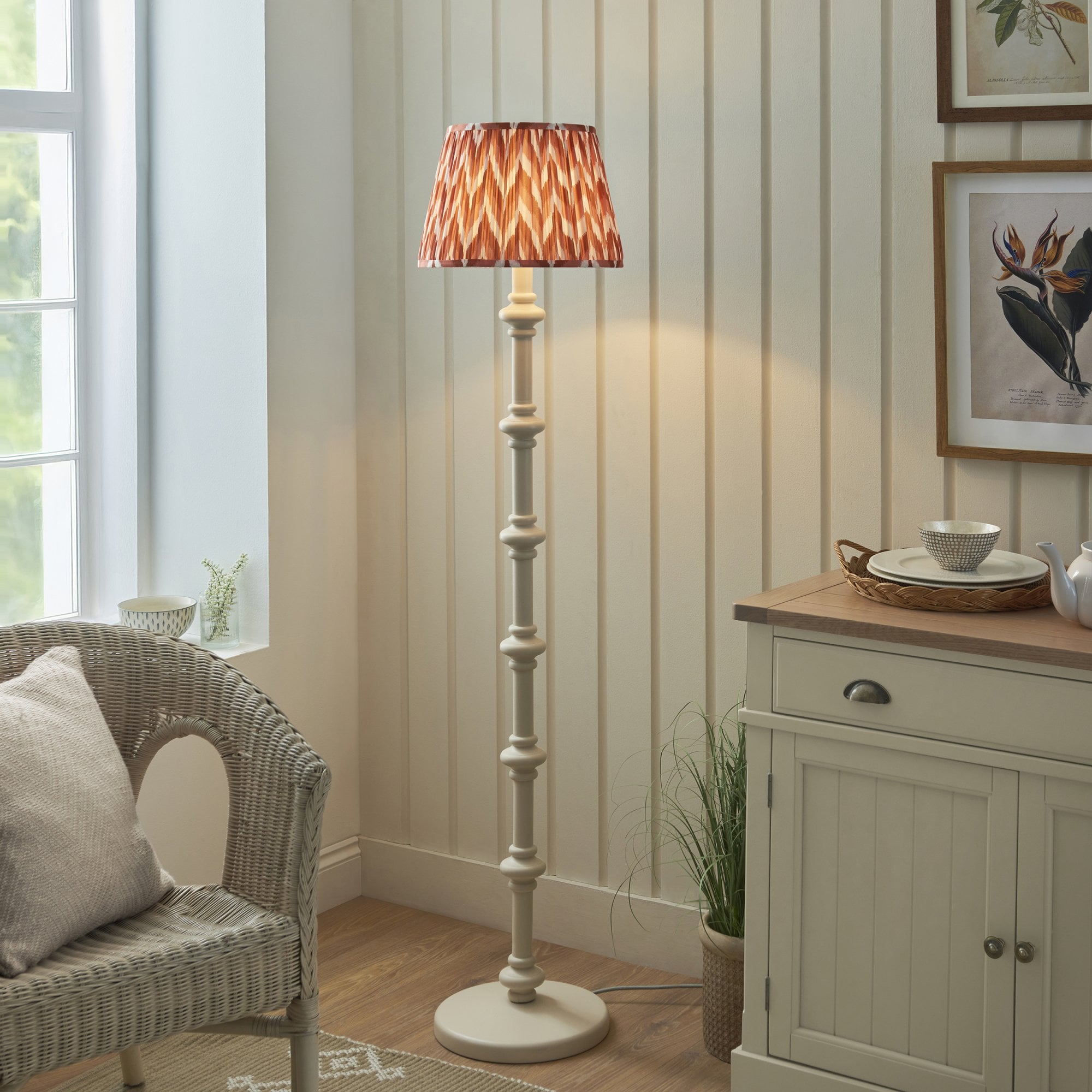 Endon Carnaby Satin Almond White Floor Lamp & Zigzag 35cm Apricot Orange Shade