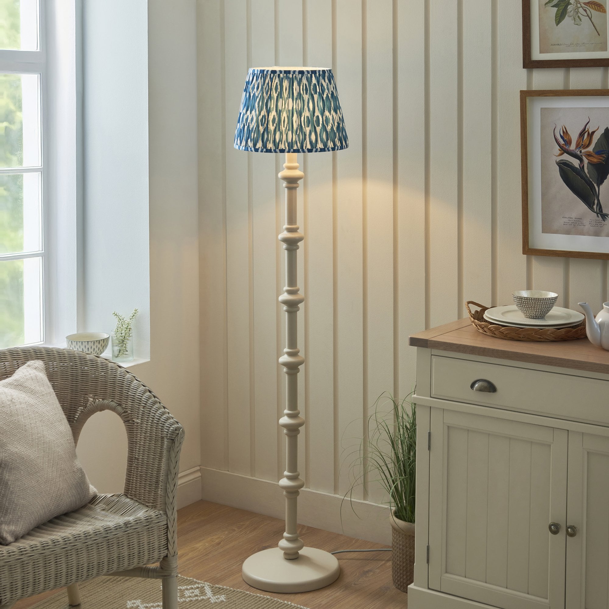 Endon Carnaby Satin Almond White Floor Lamp & Ikat 35cm Marlin Blue Shade