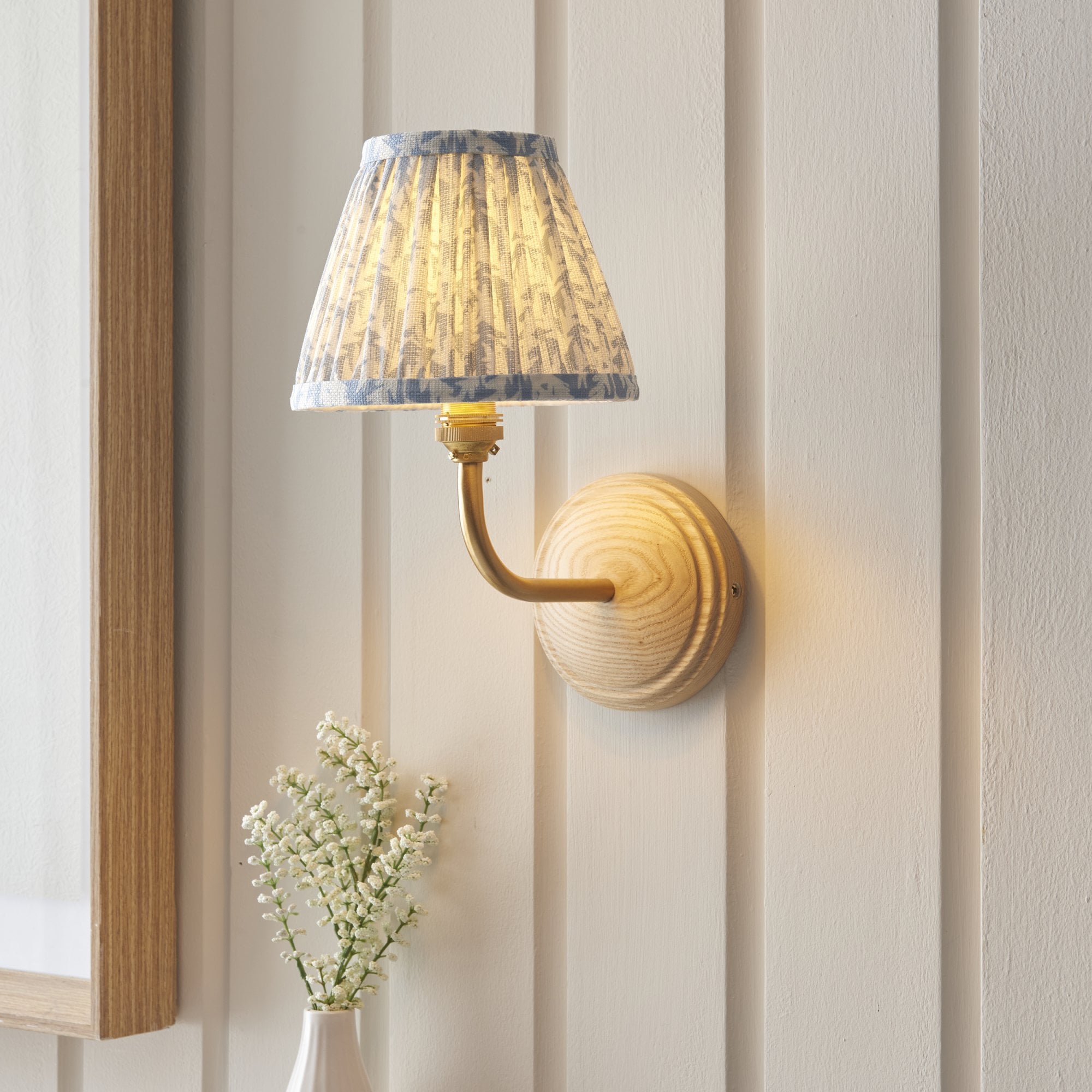 Endon Wood Arc Wall Light & Leaf 16cm Shell Bay Blue Shade