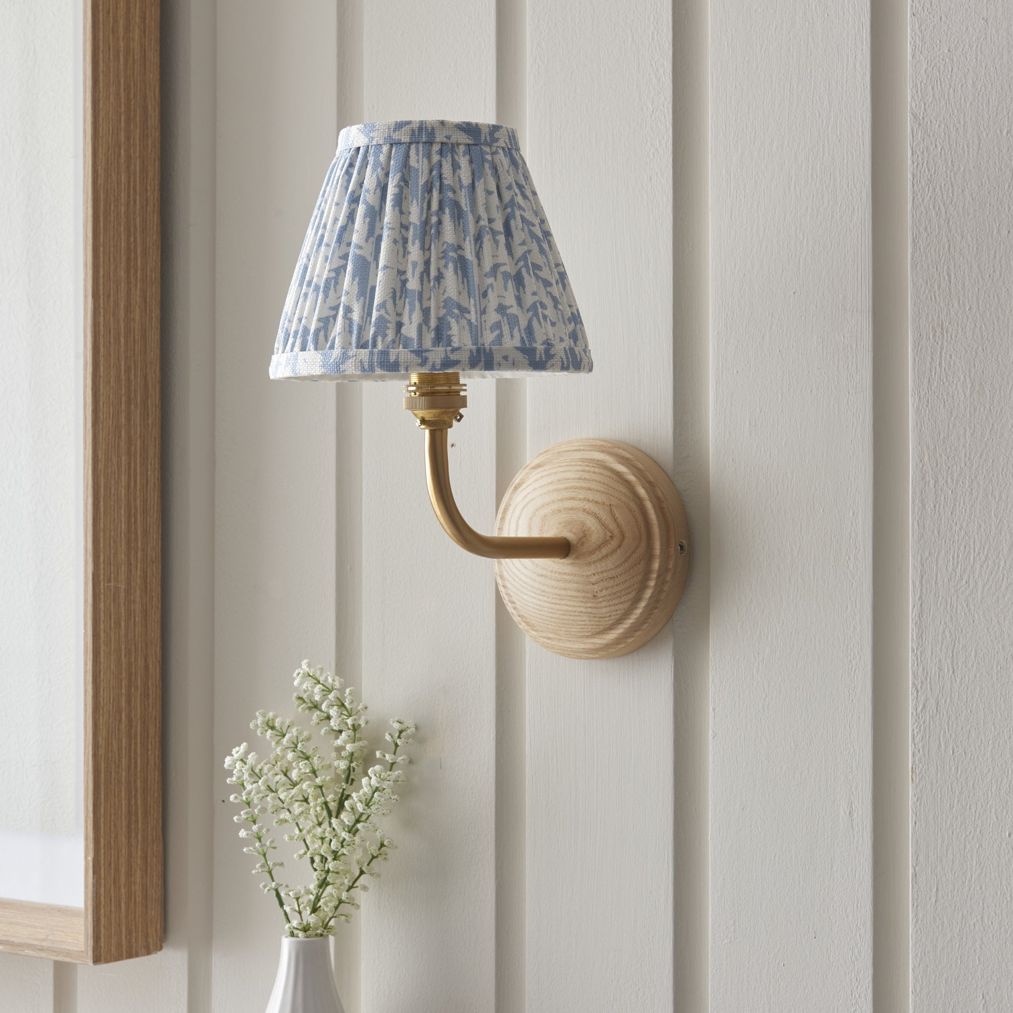 Endon Wood Arc Wall Light & Leaf 16cm Shell Bay Blue Shade