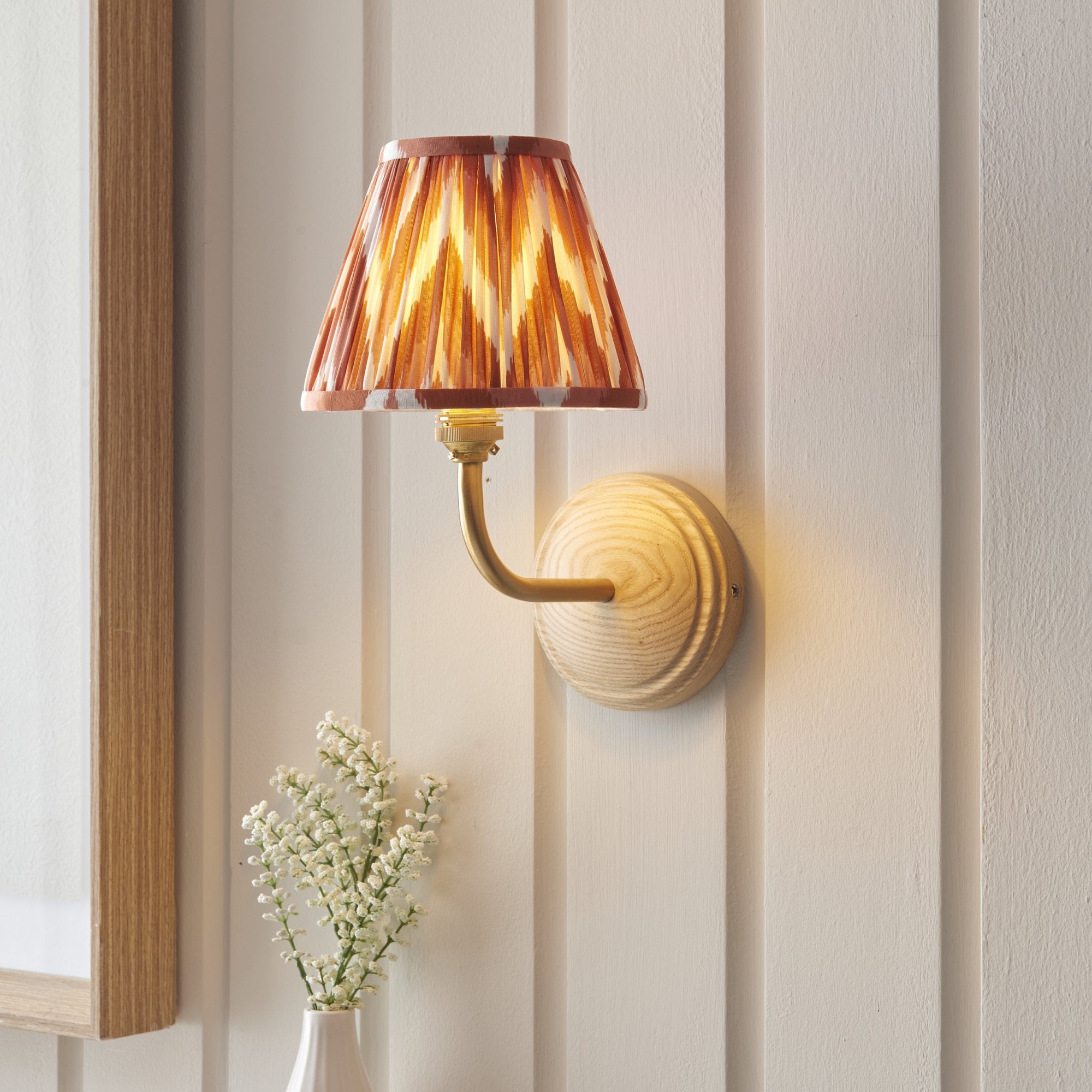 Endon Wood Arc Wall Light & Zigzag 16cm Apricot Orange Shade