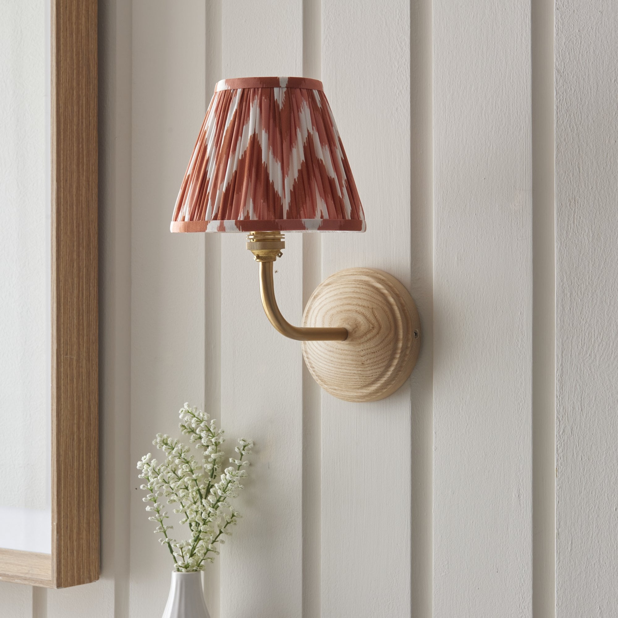 Endon Wood Arc Wall Light & Zigzag 16cm Apricot Orange Shade