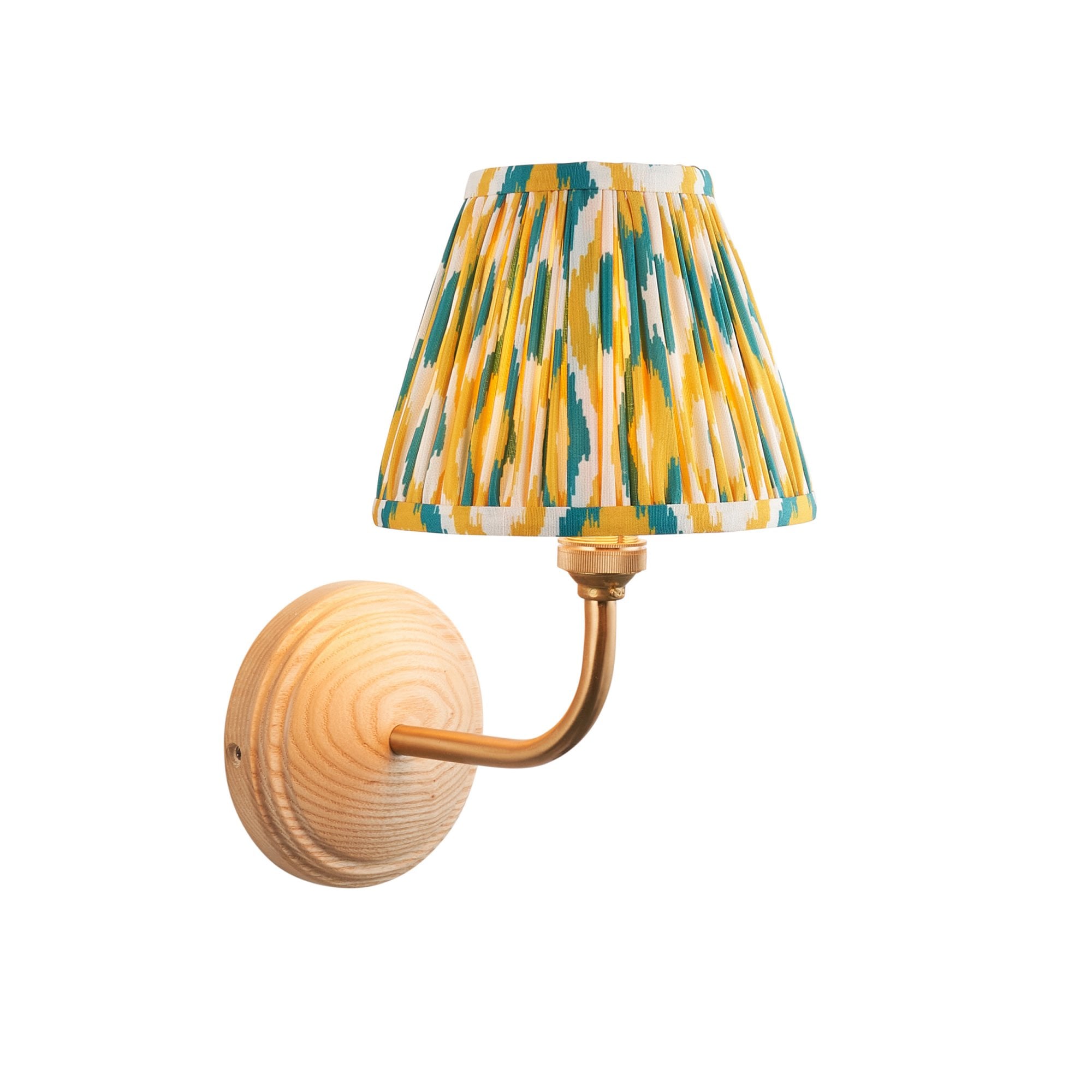 Endon Wood Arc Wall Light & Ikat 16cm Yellow & Jade Shade