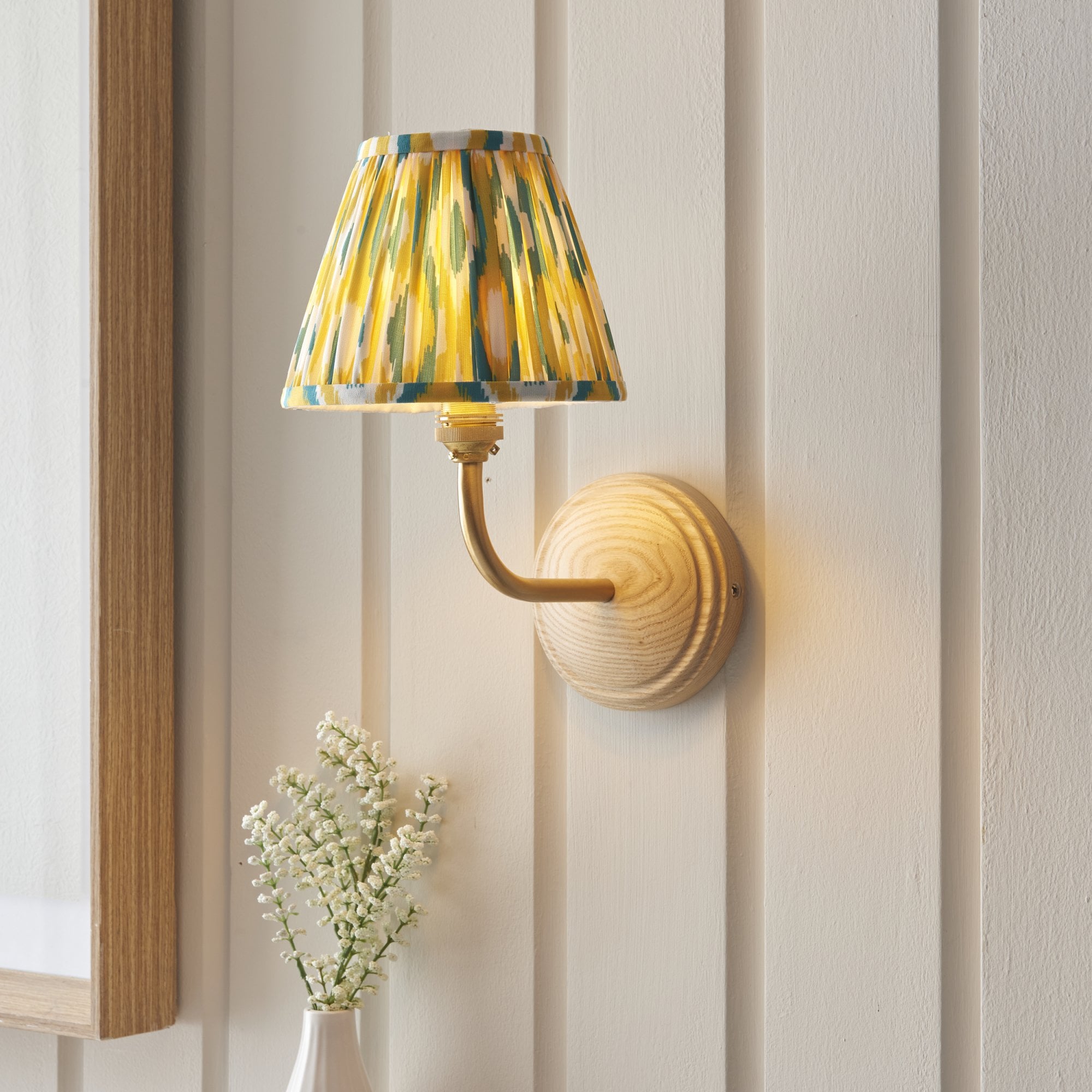 Endon Wood Arc Wall Light & Ikat 16cm Yellow & Jade Shade