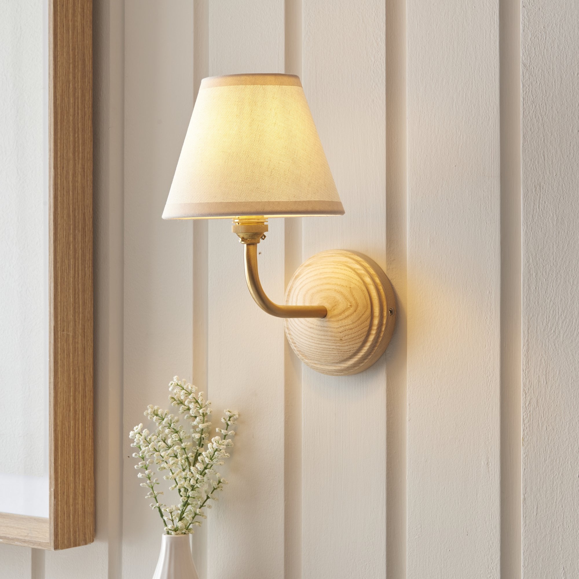 Endon Wood Arc Wall Light & Ivy 16cm Vintage White Shade