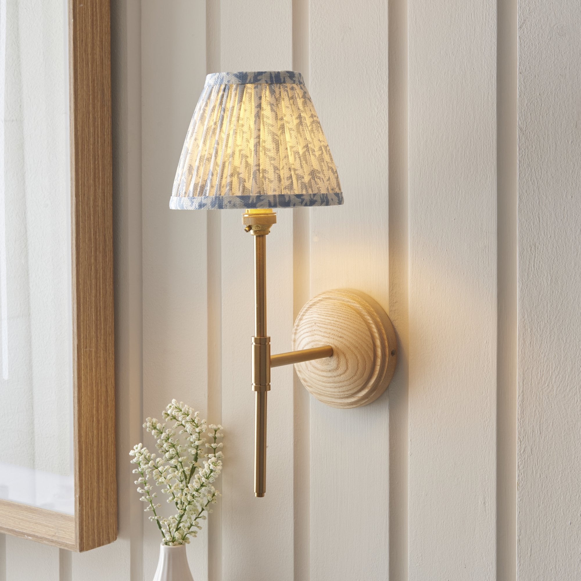 Endon Wood T Bar Wall Light & Leaf 16cm Shell Bay Blue Shade