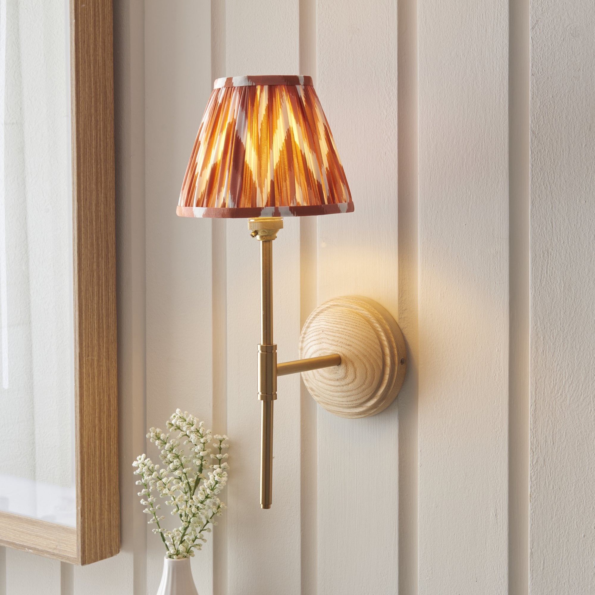 Endon Wood T Bar Wall Light & Zigzag 16cm Apricot Orange Shade