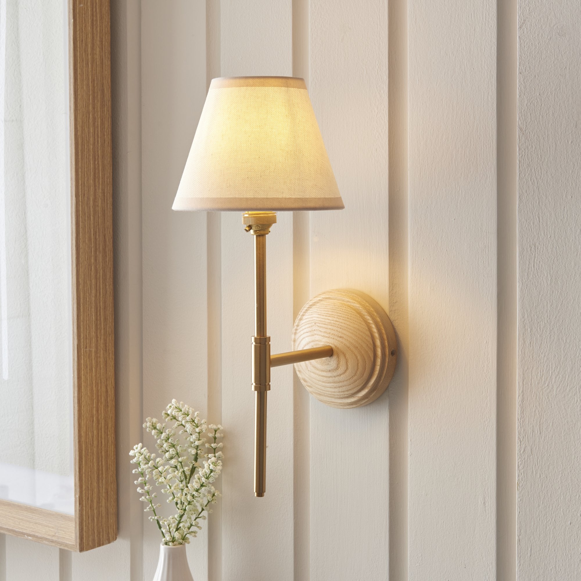 Endon Wood T Bar Wall Light & Ivy 16cm Vintage White Shade