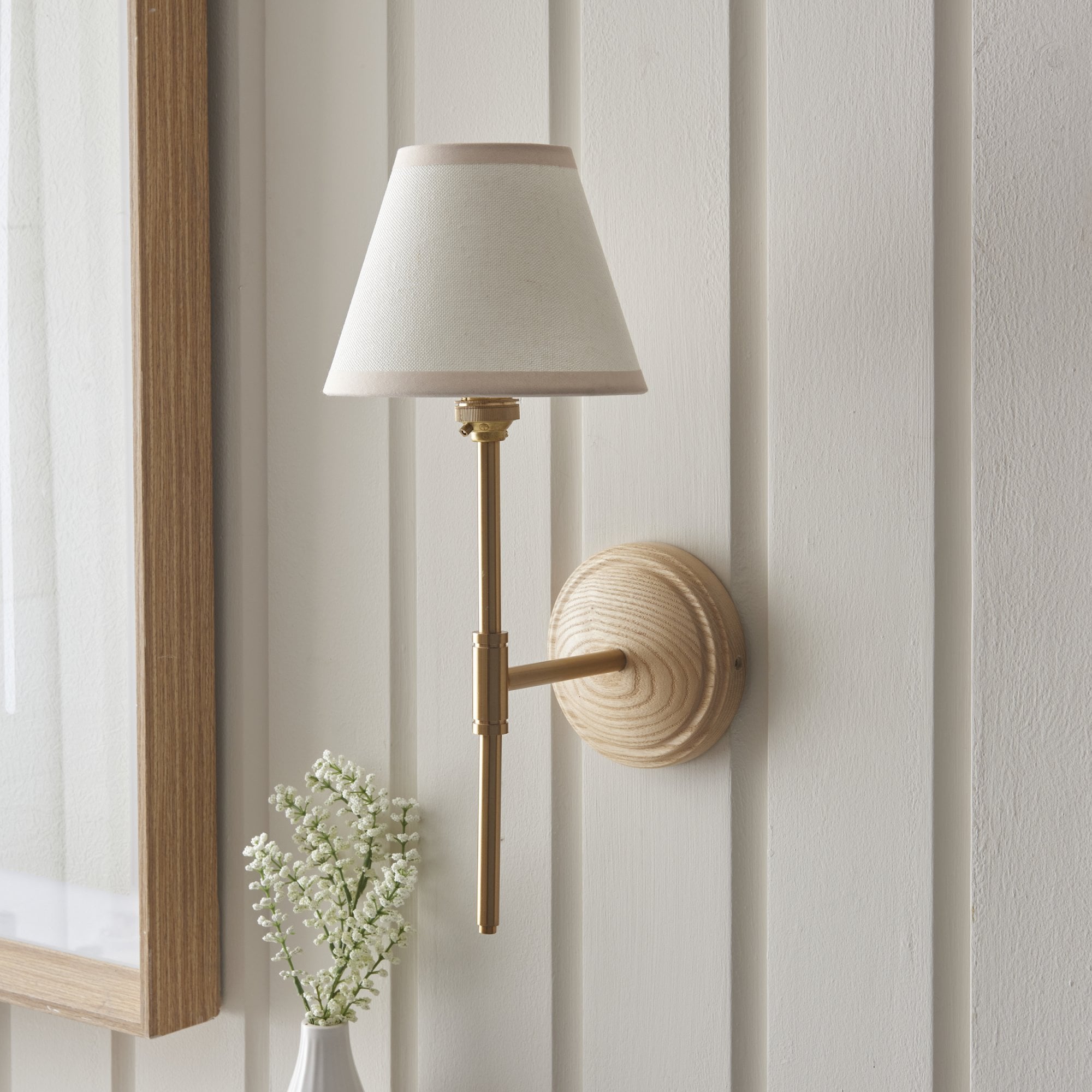 Endon Wood T Bar Wall Light & Ivy 16cm Vintage White Shade