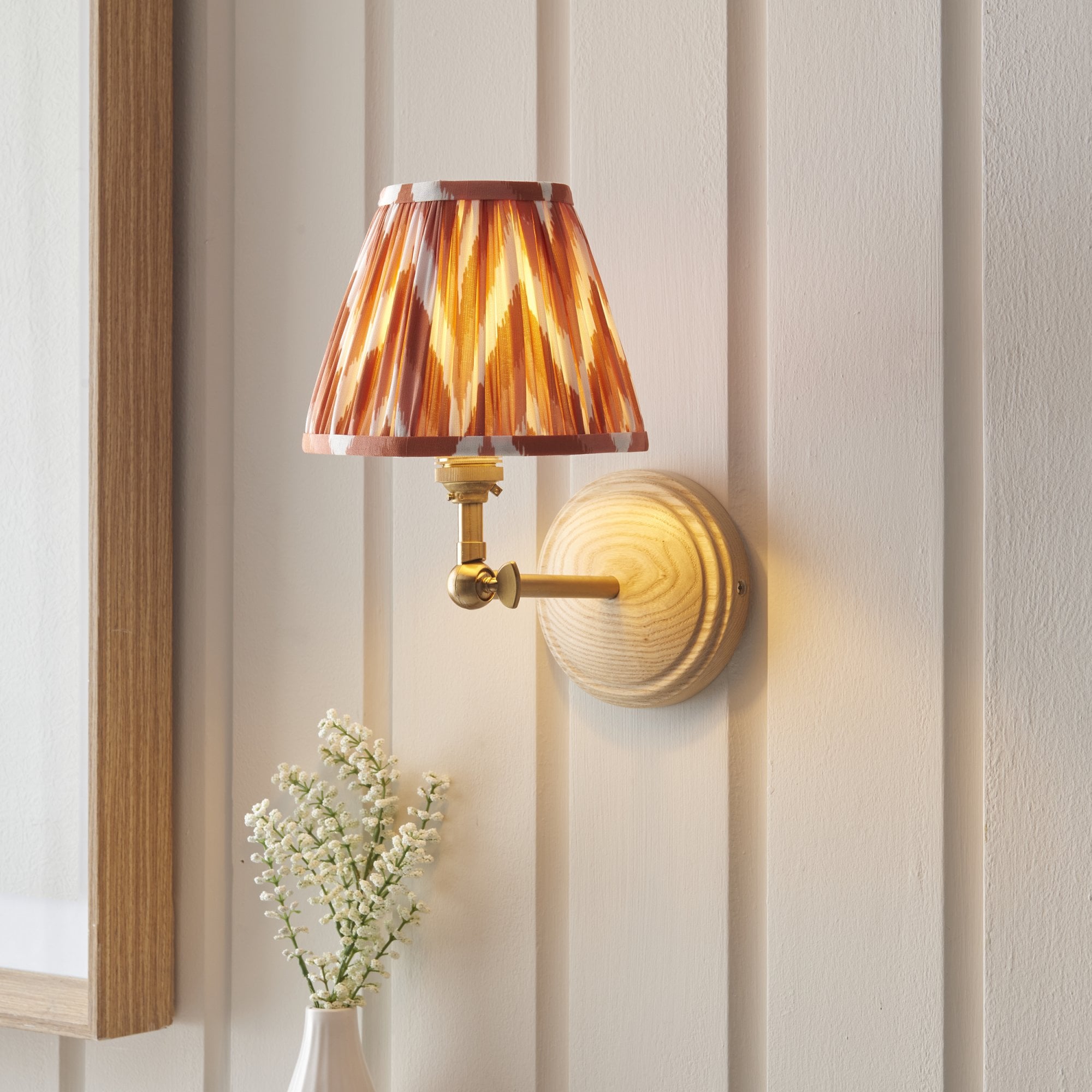 Endon Wood Wing Wall Light & Zigzag 16cm Apricot Orange Shade