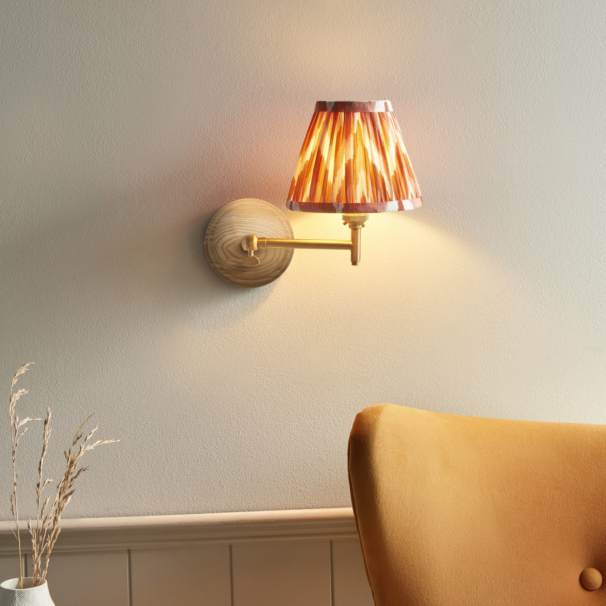 Endon Wood Fold Wall Light & Zigzag 16cm Apricot Orange Shade