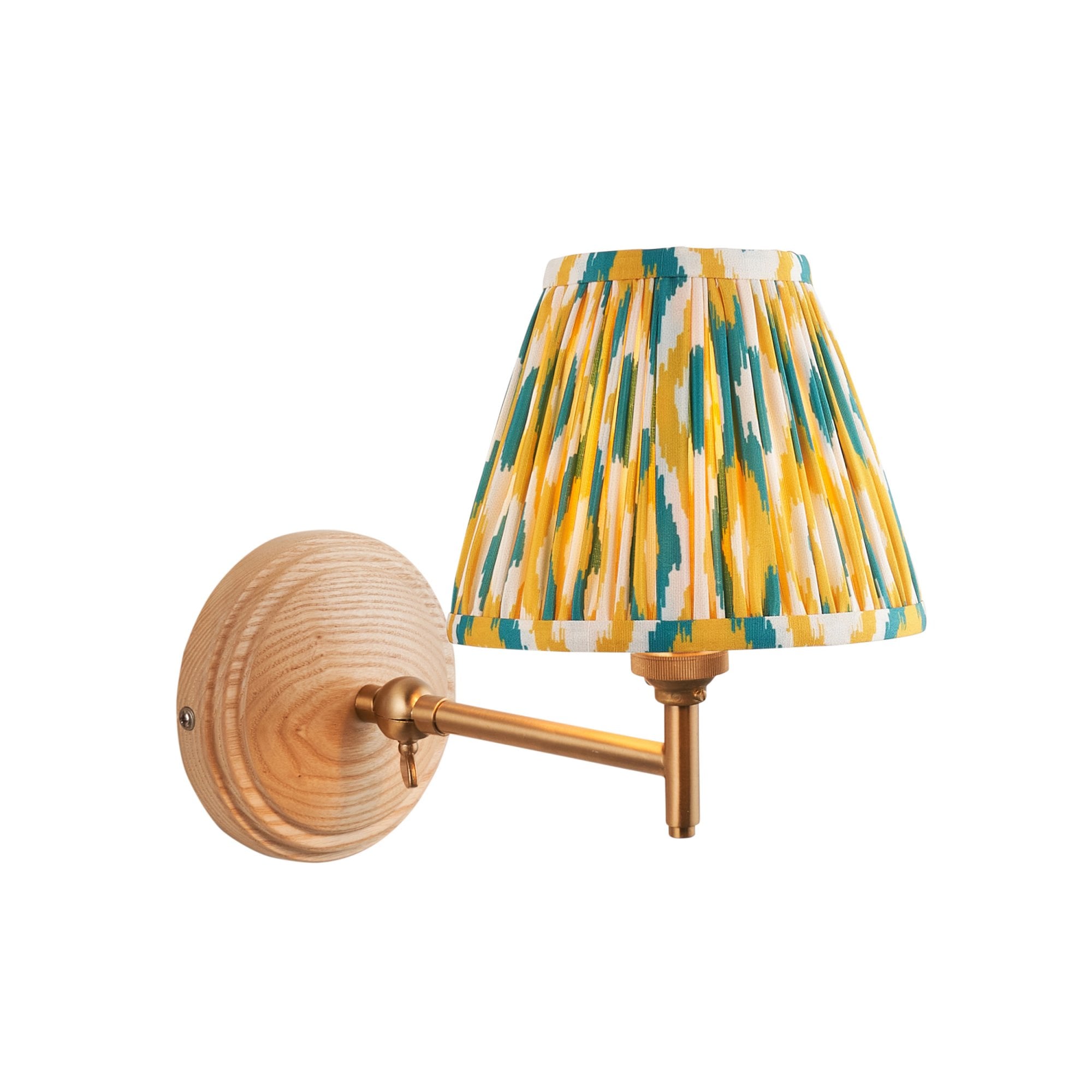 Endon Wood Fold Wall Light & Ikat 16cm Yellow & Jade Shade
