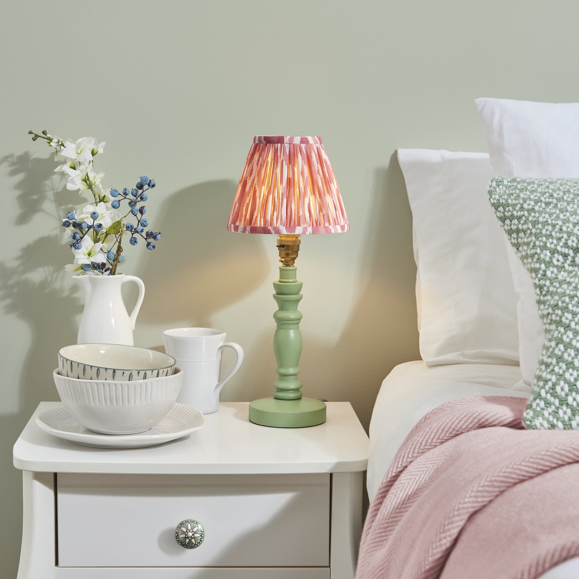 Endon Bibury Satin Cotswold Green Table Lamp & Ikat 16cm Coral Pink Shade