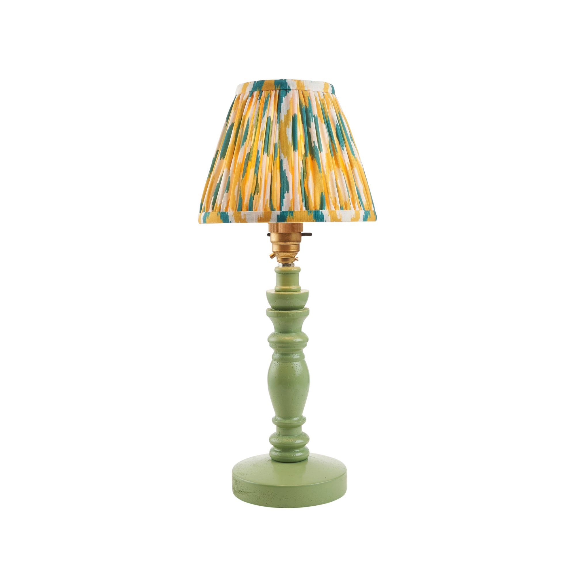 Endon Bibury Satin Cotswold Green Table Lamp & Ikat 16cm Yellow & Jade Shade