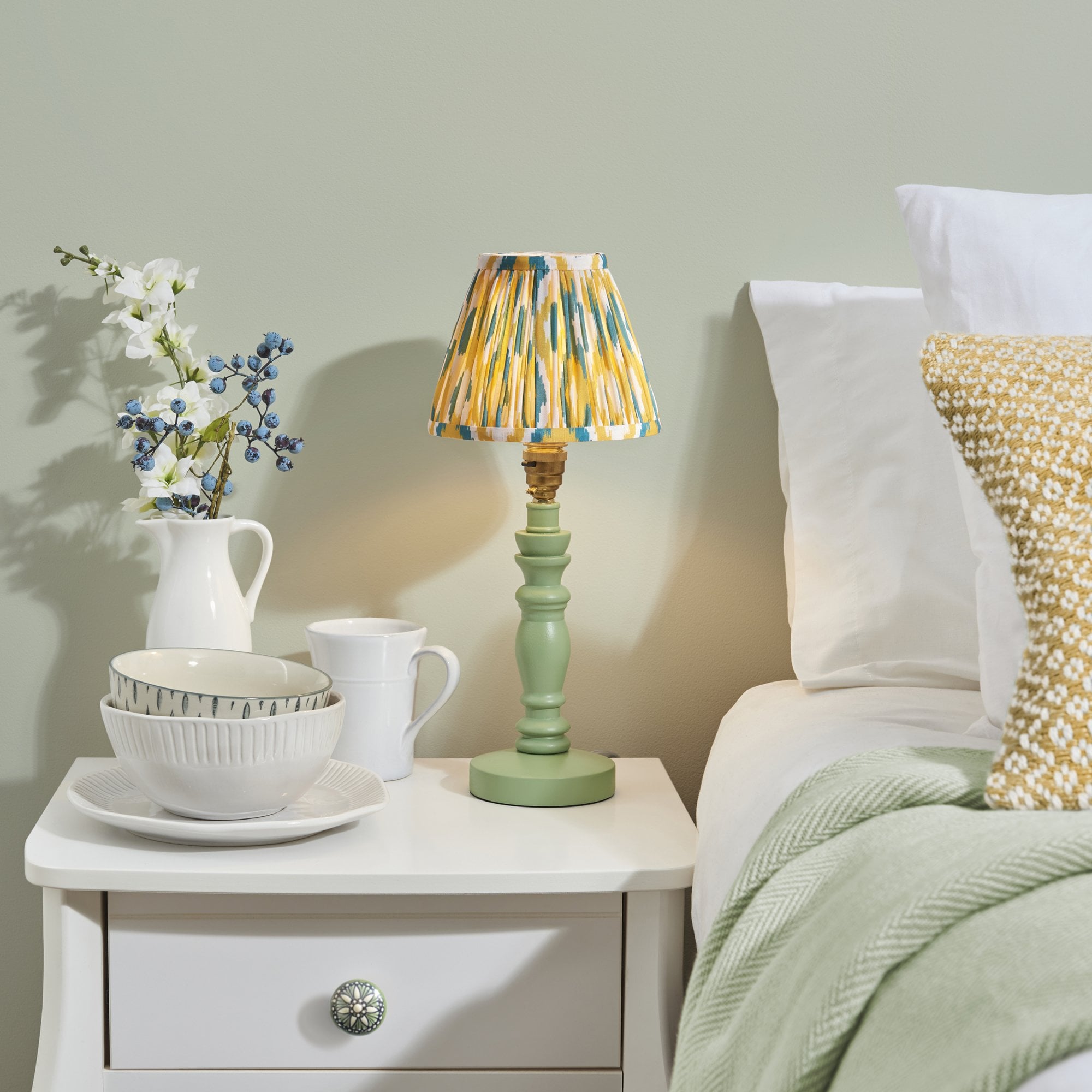 Endon Bibury Satin Cotswold Green Table Lamp & Ikat 16cm Yellow & Jade Shade