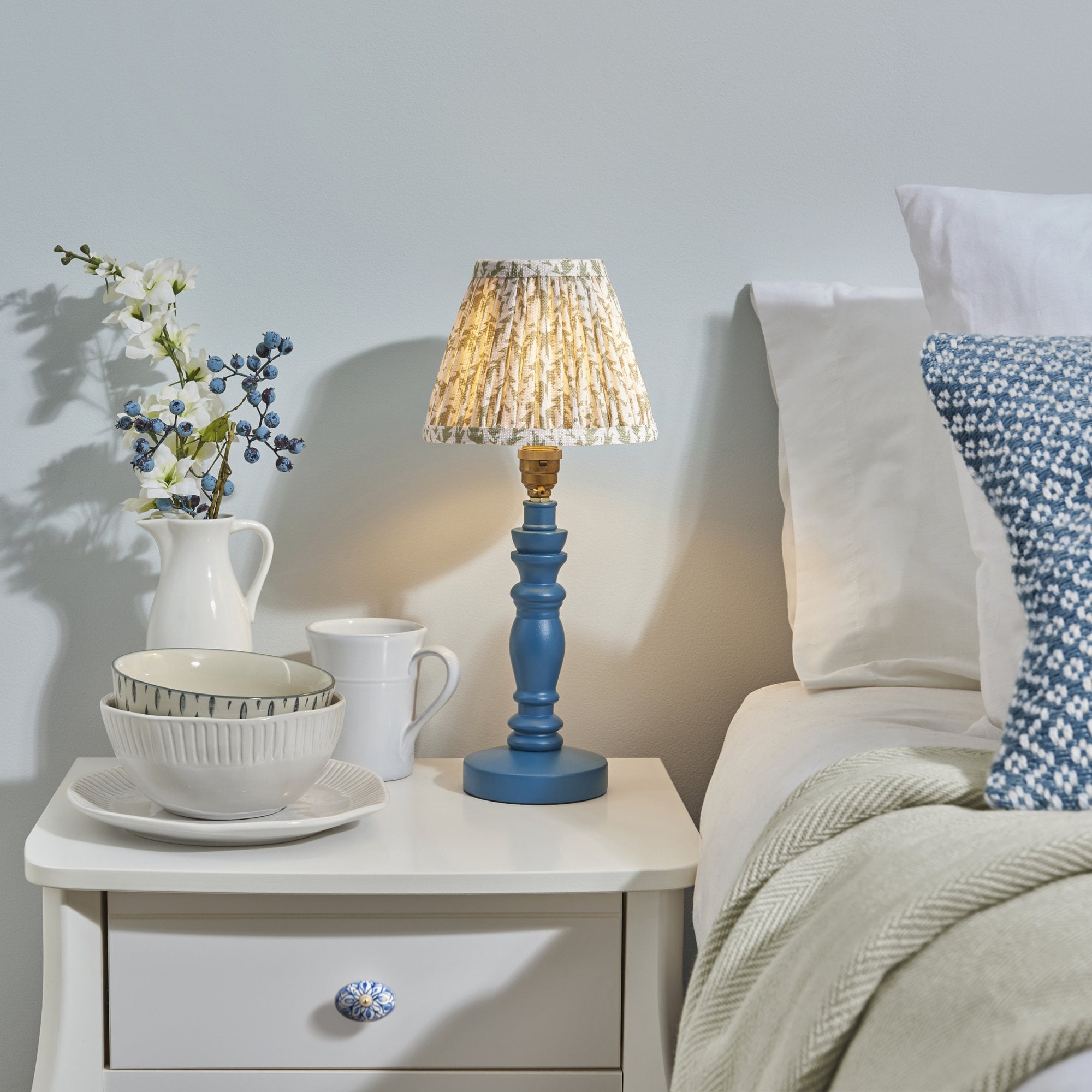 Endon Bibury Satin Marlin Blue Table Lamp & Leaf 16cm Herb Garden Green Shade