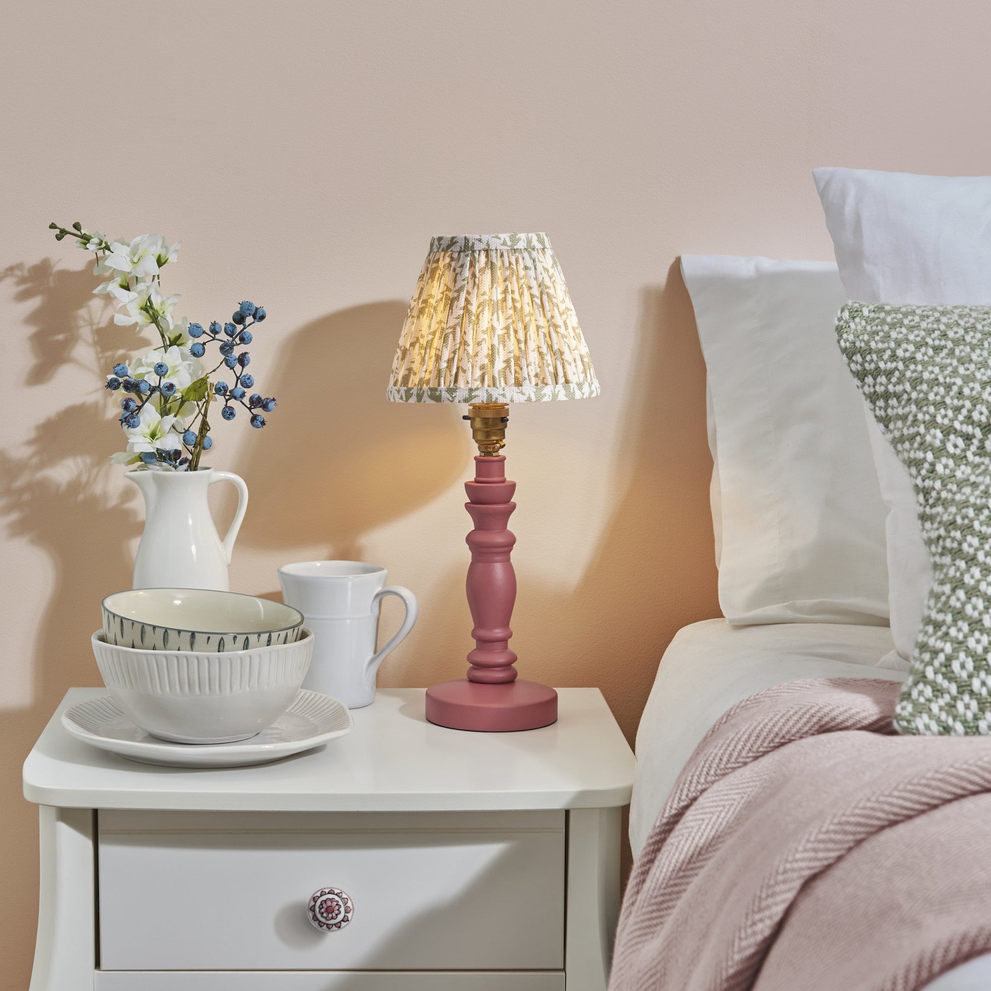 Endon Bibury Satin Pink Clay Table Lamp & Leaf 16cm Herb Garden Green Shade