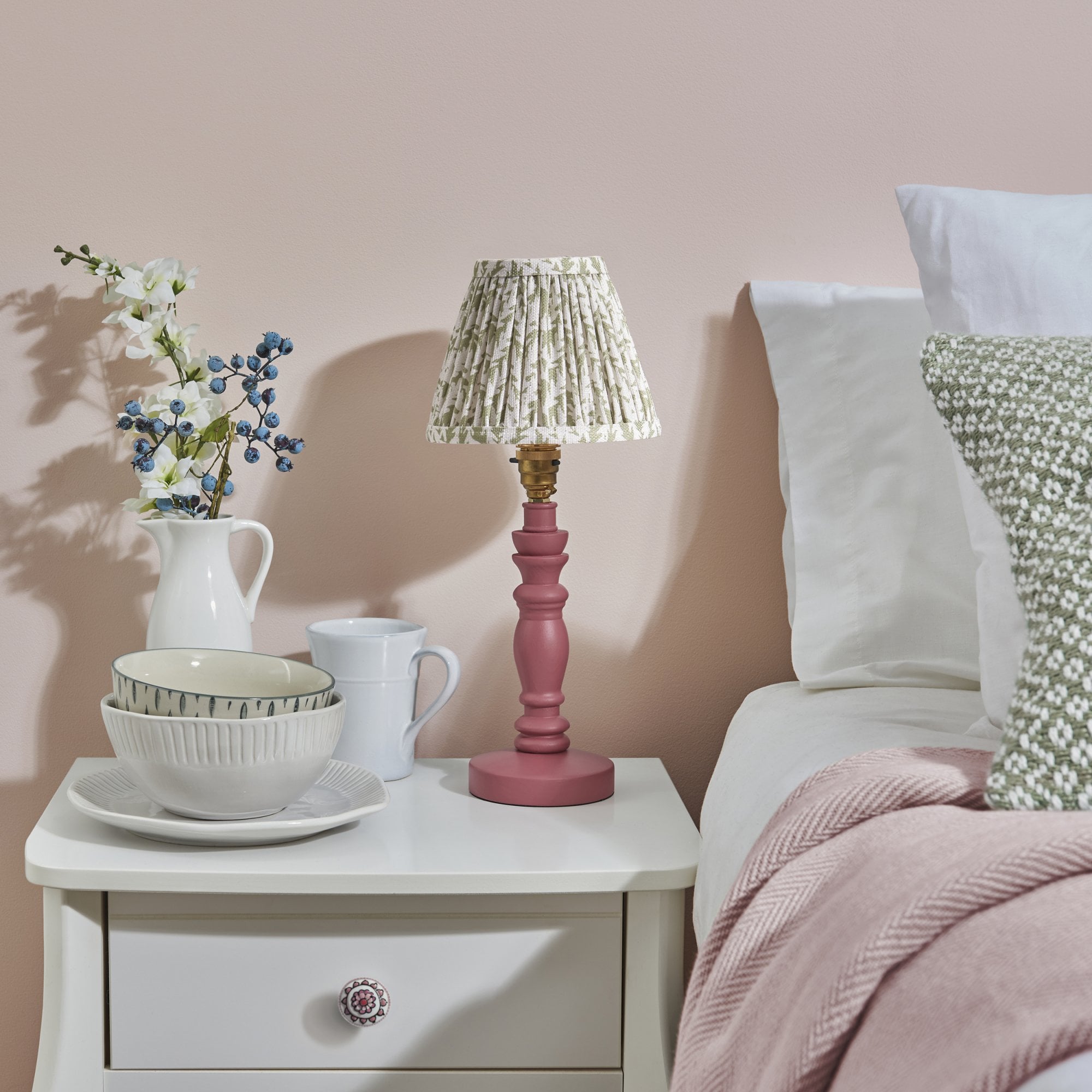 Endon Bibury Satin Pink Clay Table Lamp & Leaf 16cm Herb Garden Green Shade